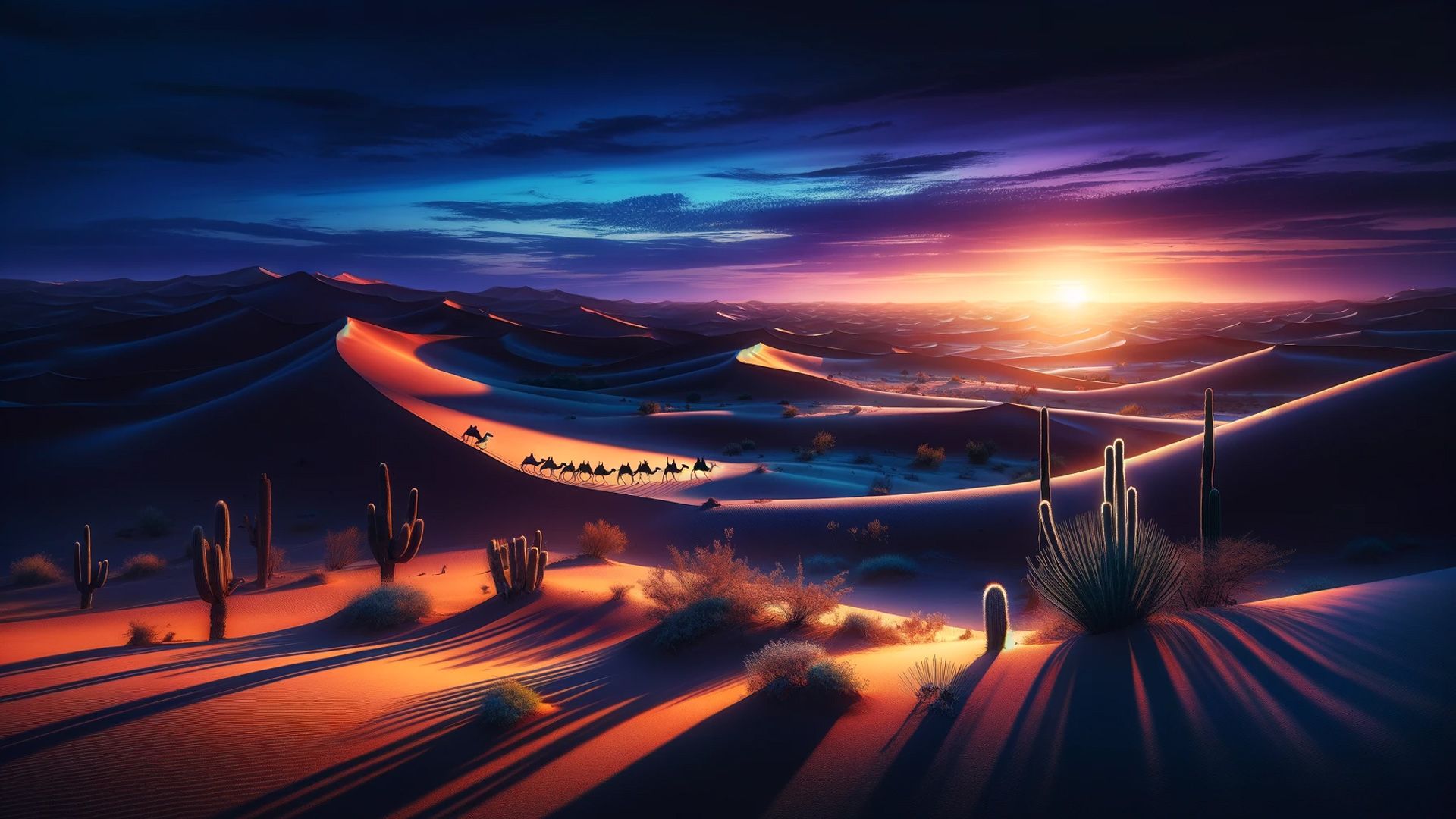 1920x1080 tranquil desert landscape at twilight, depicted horizontal format sky blend of deep blues and purples colorful rays HD Nature Wallpaper