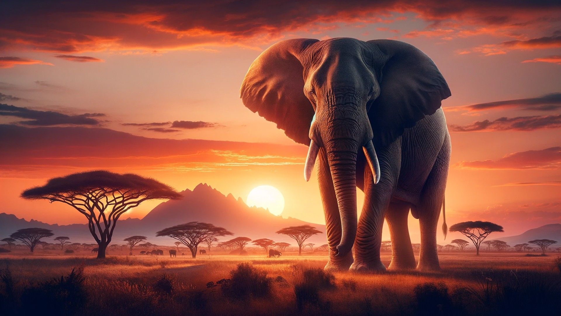 1920x1080 horizontal wallpaper featuring a majestic elephant standing tall in African landscape at sunset HD Elephant Wallpaper