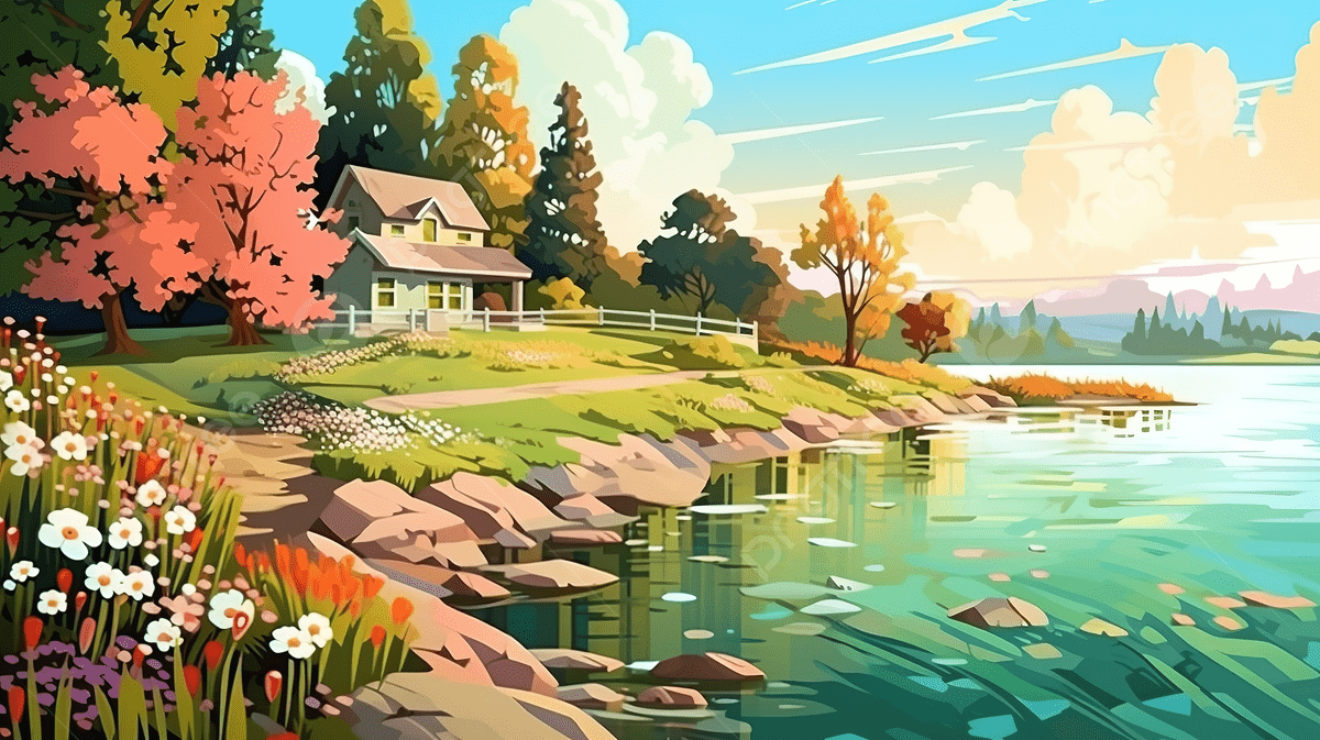 1200x673 Colorful Nature Landscape With House River And Flowering Plants A Horizontal Textured Illustration, Land Background, Field Background, Field Background Image And Wallpaper for Free Download