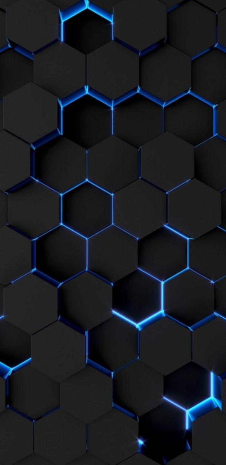 736x1512 Black surface color honeycomb formation with a slim light blue neon L.E.D. outli:: These black wallpaper on your pho. Синие обои, Черные обои, Каменная облицовка