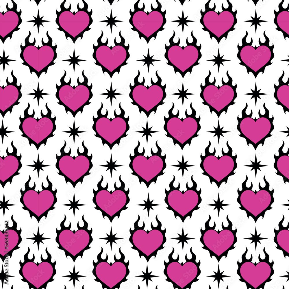 1000x1000 Emo goth semless pattern with heart in flame and stars. Y2k wallpaper, fabric, background, print. 90s, 00's heart shaped graphic in glam style Stock Vector