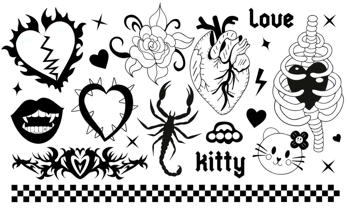 1156x700 Y2k 2000s cute emo goth aesthetic stickers, tattoo art elements and slogan. black punk rock set. Gothic concept. Vector illustration
