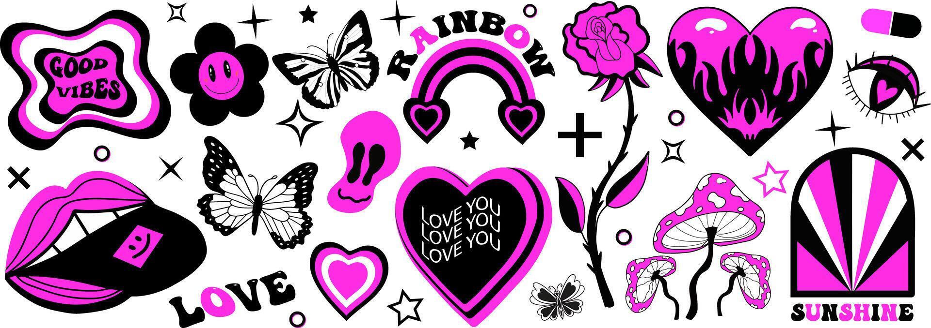 1920x678 Y2k 2000s black grunge emo goth aesthetic stickers, tattoo art elements and slogan. Punk rock gloomy set. Gothic concept of creepy love. illustration