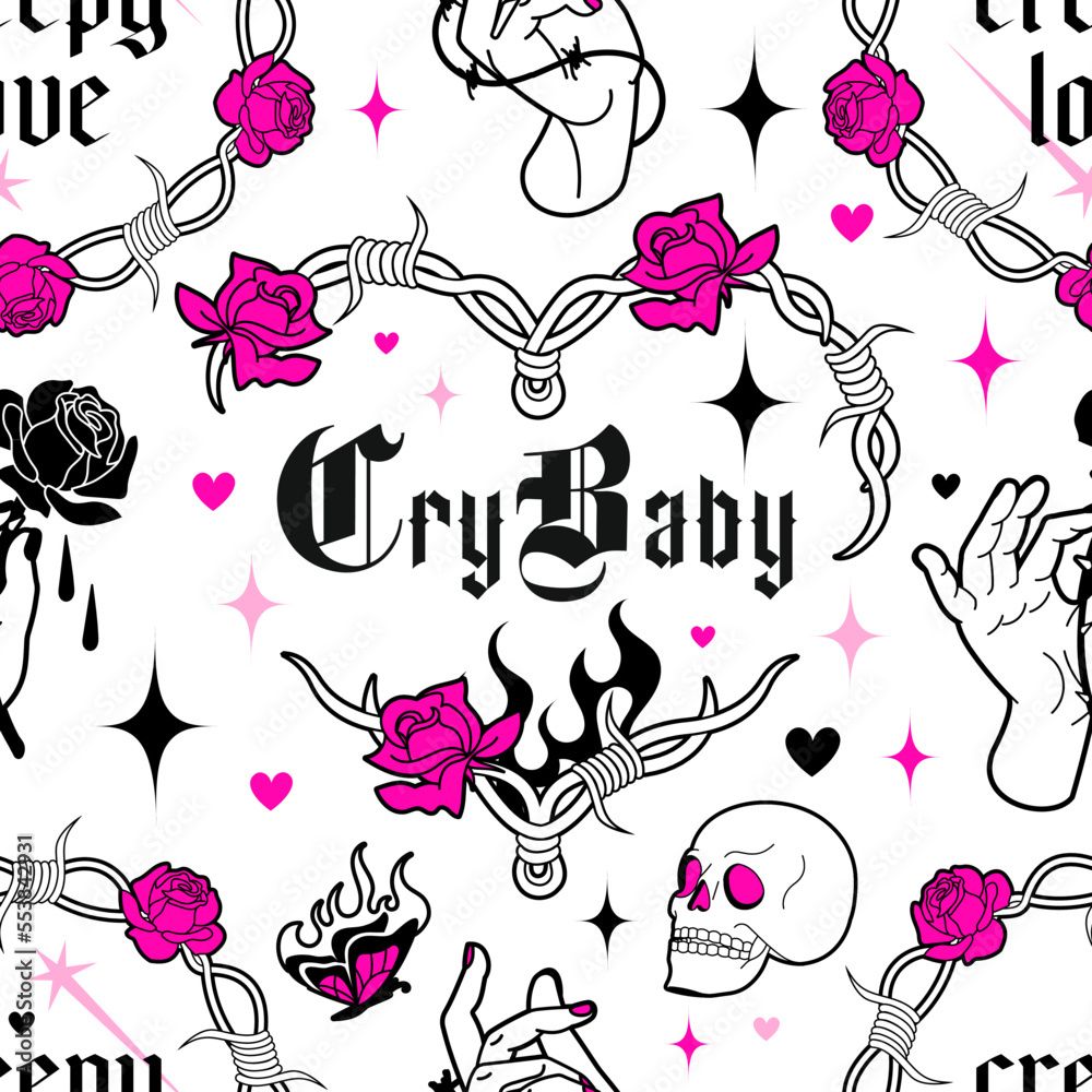 1000x1000 Creepy Love Art, Seamless Pattern. Barbed Heart, Pink Spiny Roses And Fire Flame, Goth Psychedelic Slogans.Y2k Wallpaper, Fabric, Background, Print. 90s, 00's Heart Shaped Graphic In Glam Style. Stock Vektor
