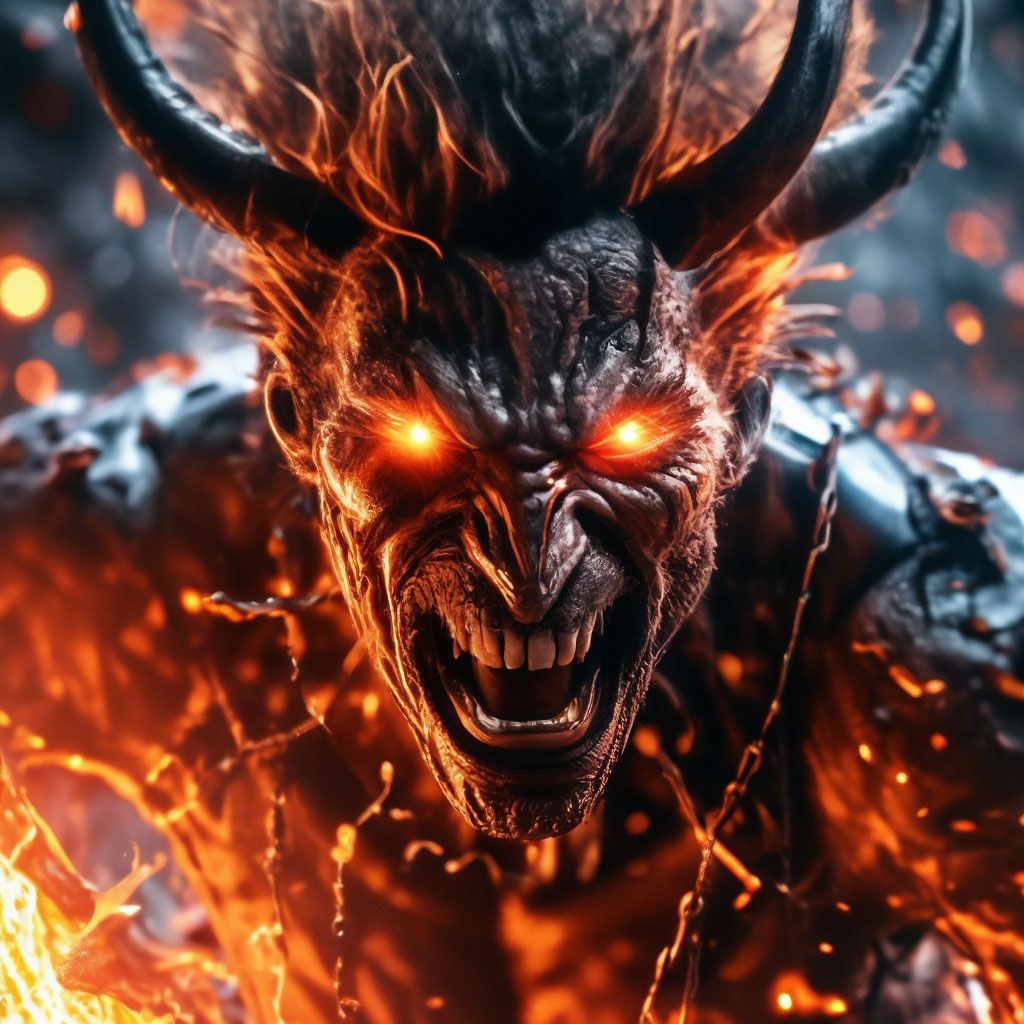 1024x1024 Crazy demon, burning eyes, fire, flashes, sparks, explosions, chains, high