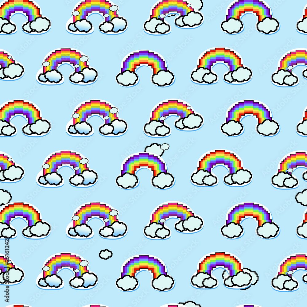 1000x1000 Rainbow seamless pattern. Rainbow and cloud icon of pixel art style. Vector Illustration for print, textile, wrapping, wallpaper, web background, cover, banner, flyer. Stock Vector