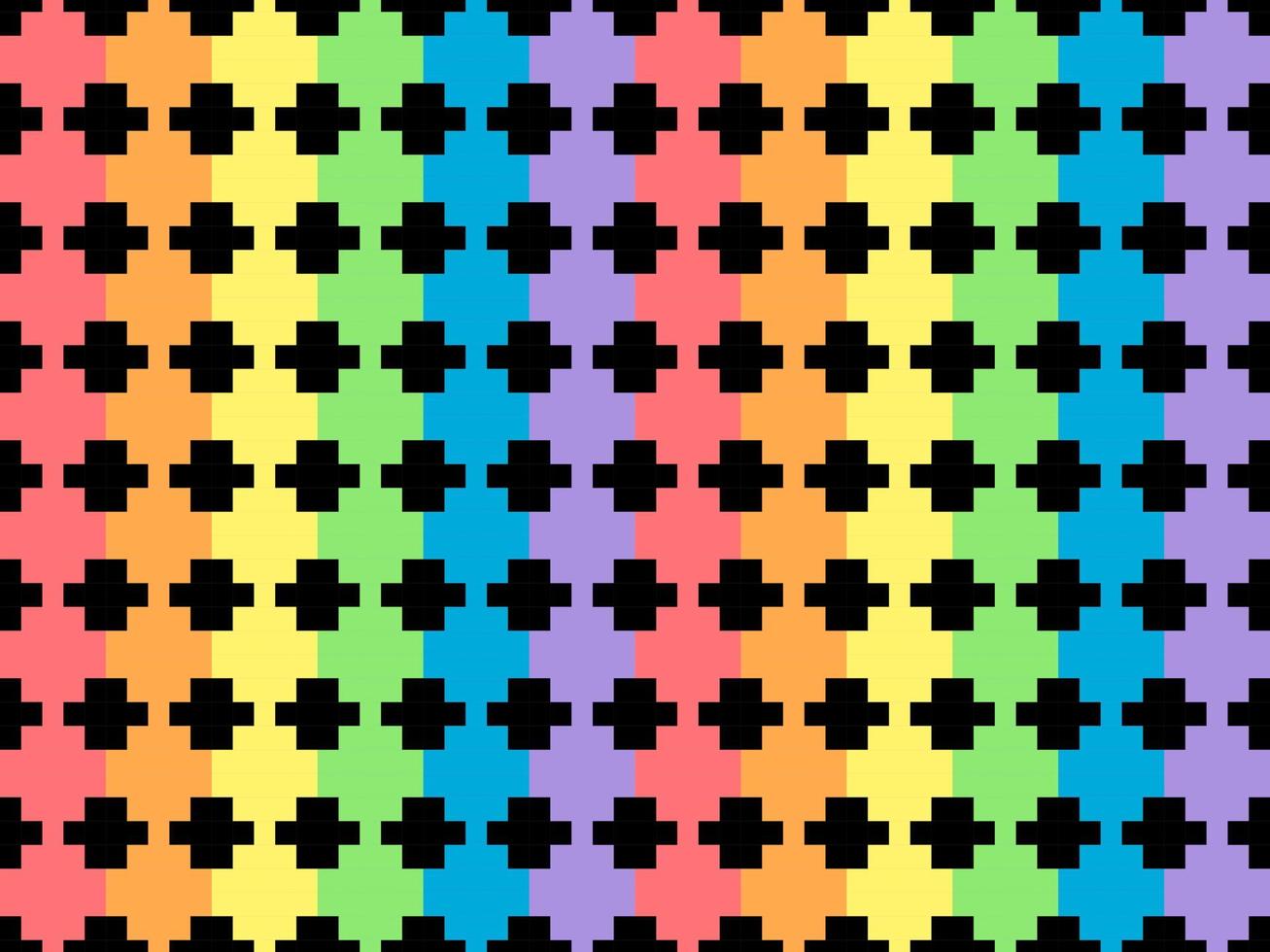 1307x980 Geometric rainbow cartoon character seamless pattern on black background. Pixel style