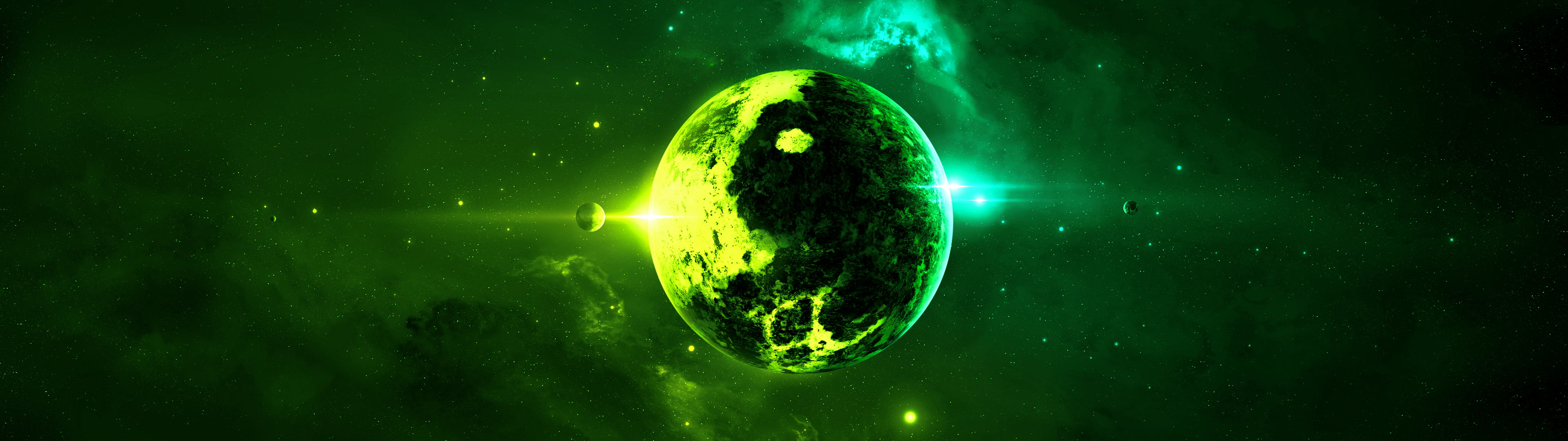 3840x1080 Green planet, space HD wallpaper