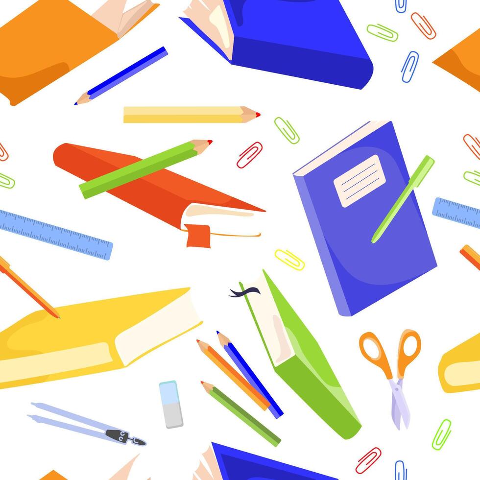 980x980 Books and stationery seamless pattern. Student's school items, textbooks, pencils, notebooks and paper clips flying in the air seamless pattern for print, packaging, wallpaper, cover, web, background