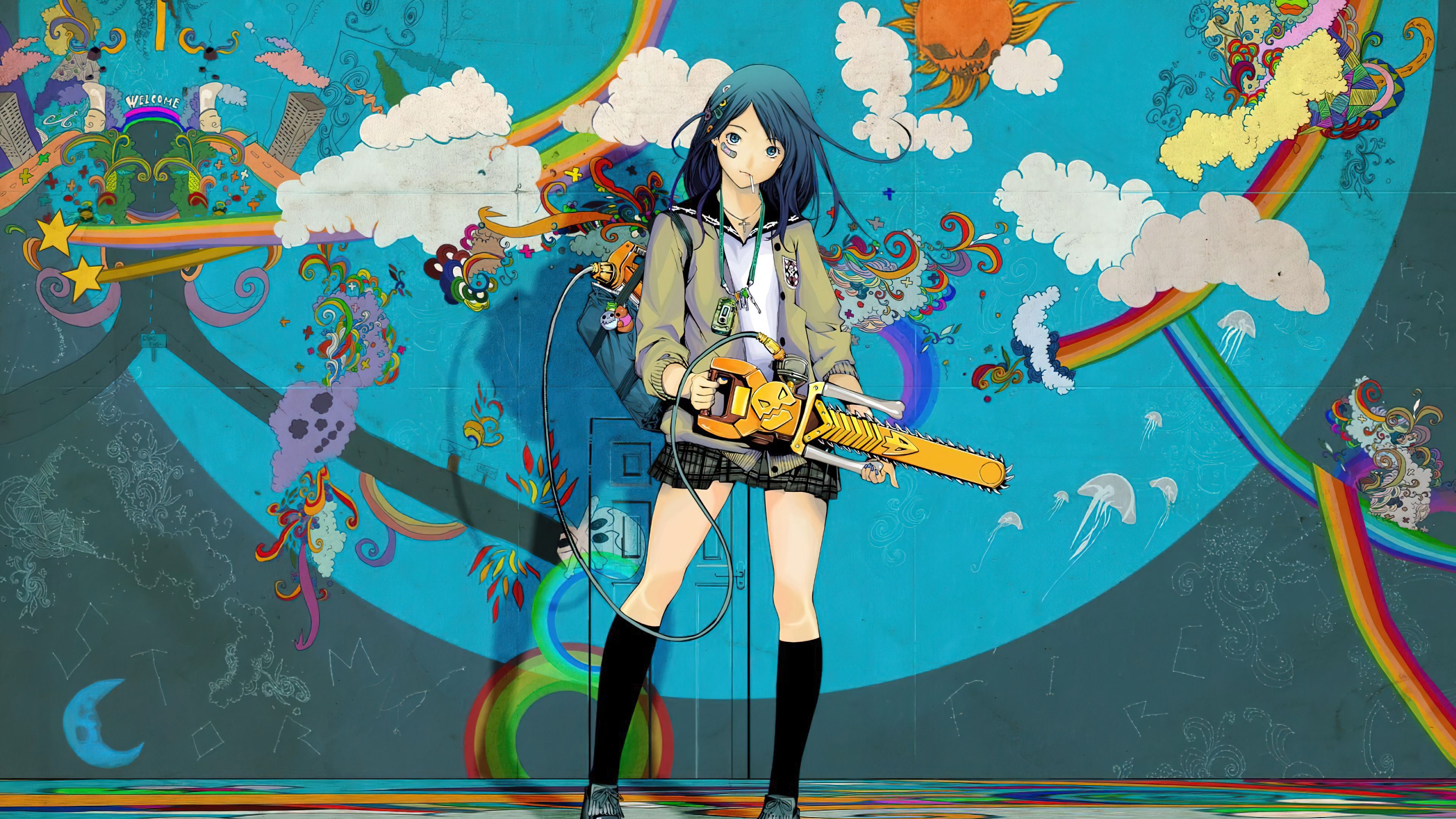 3840x2160 Anime Girl Student Grafitti Wall Art Chainsaw Wallpaper 4K HD PC f