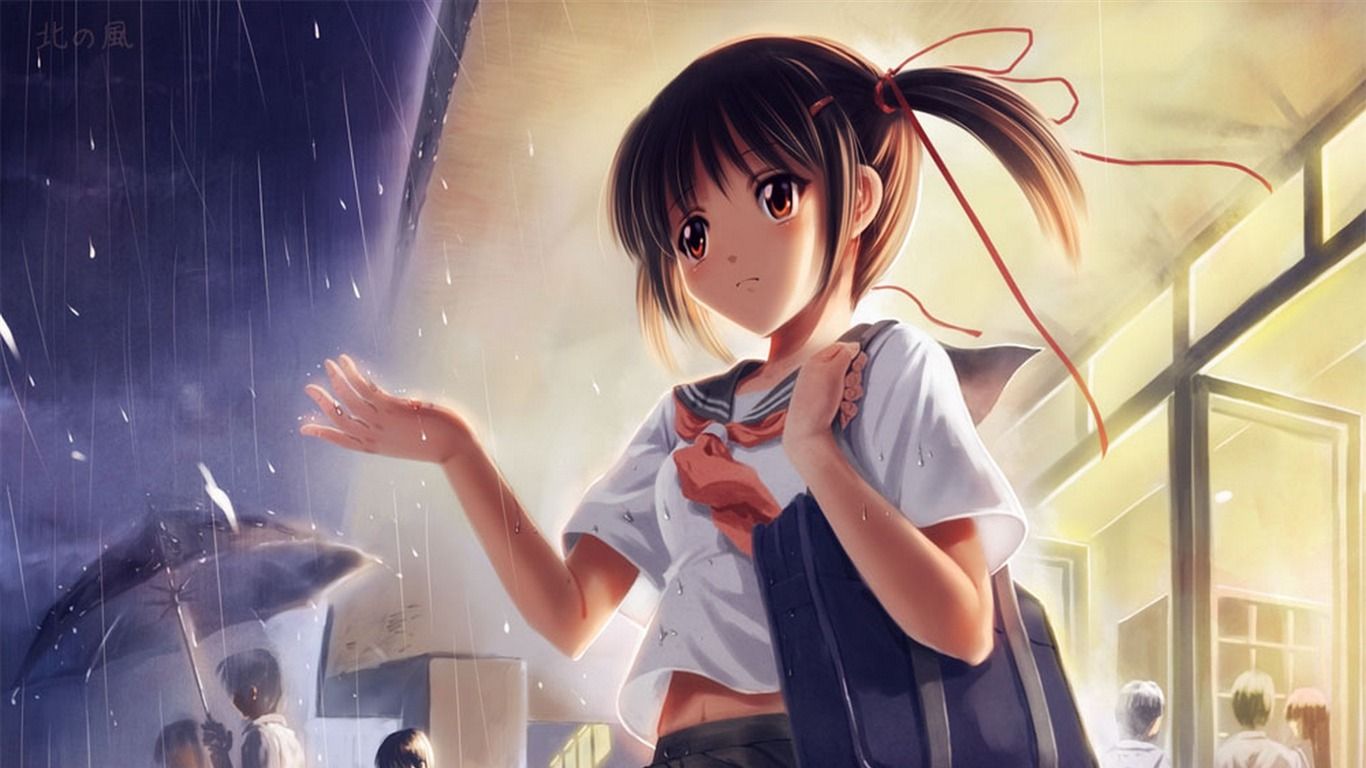 1366x768 Girl Students Rain Umbrella Art HD Wallpaper