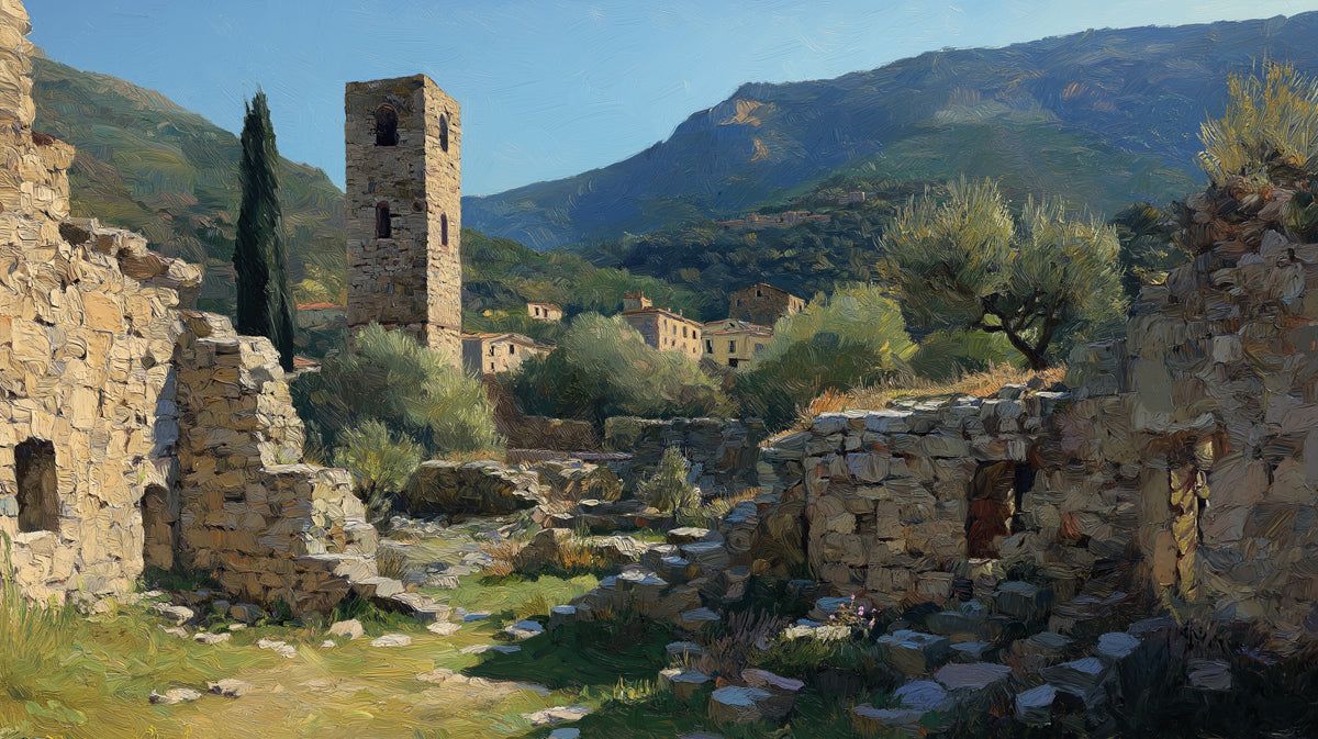 1200x673 Mediterranean Stone Village Oil Painting Mural Wallpaper