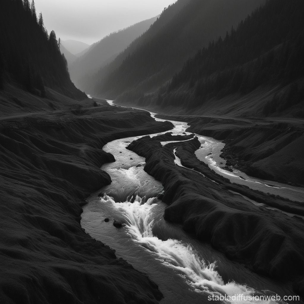 1024x1024 4k 21 9 aspect ratio wallpaper of dark matte monochrome river flowing down a valley Prompts. Stable Diffusion Online