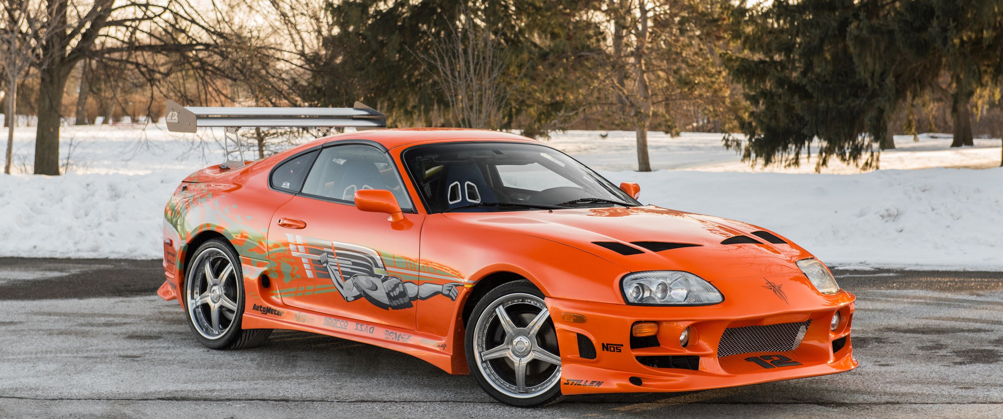 3440x1440 Download Toyota Supra, Toyota, Supra, Orange, Fast and furious, Winter Wallpaper in 3440x1440 Resolution