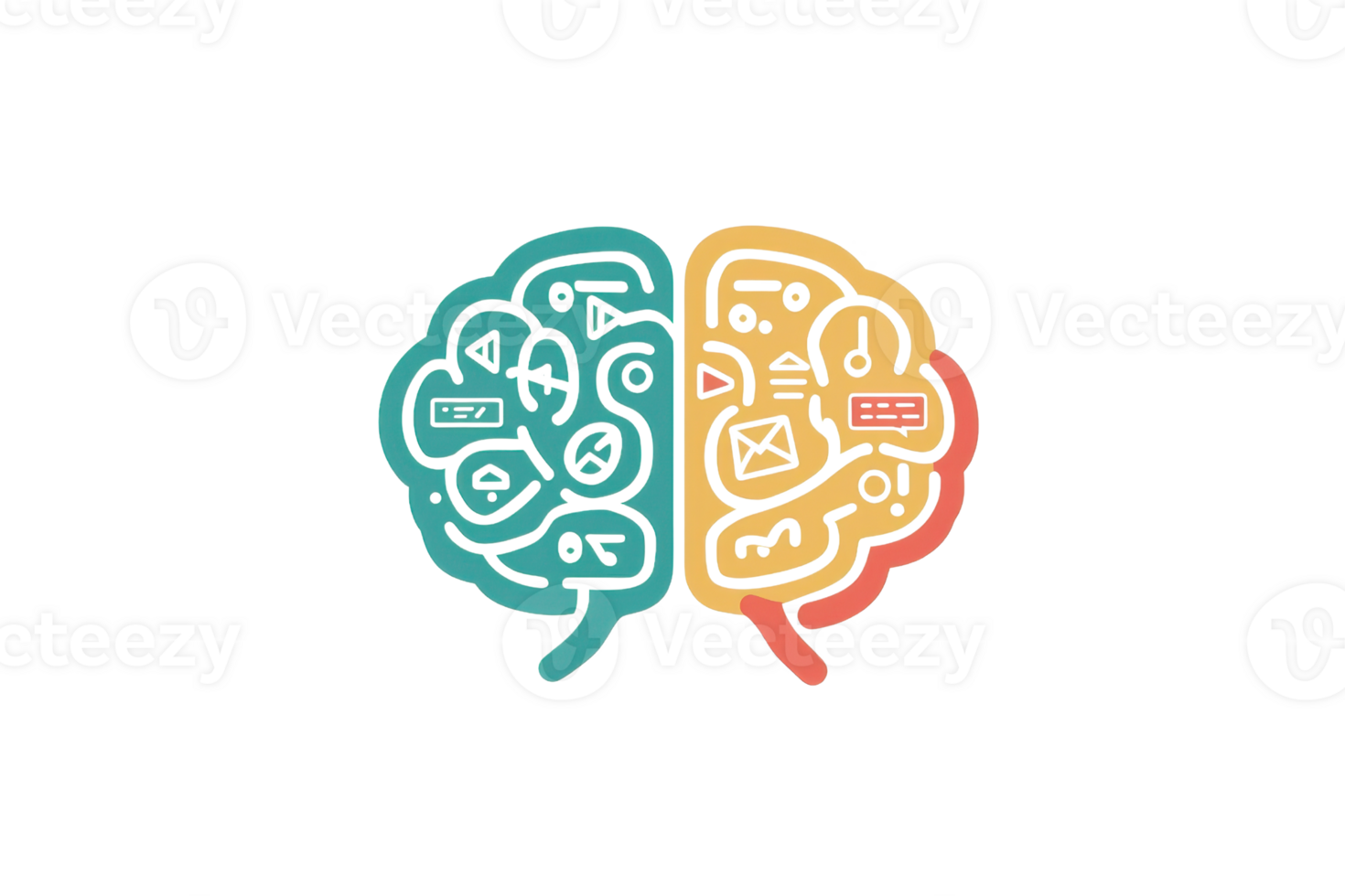 1470x980 Illustration of a split brain showcasing left and right hemispheres highlighting logic and creativity. Ideal for education, psychology, and neuroscience topics. 55143398 PNG