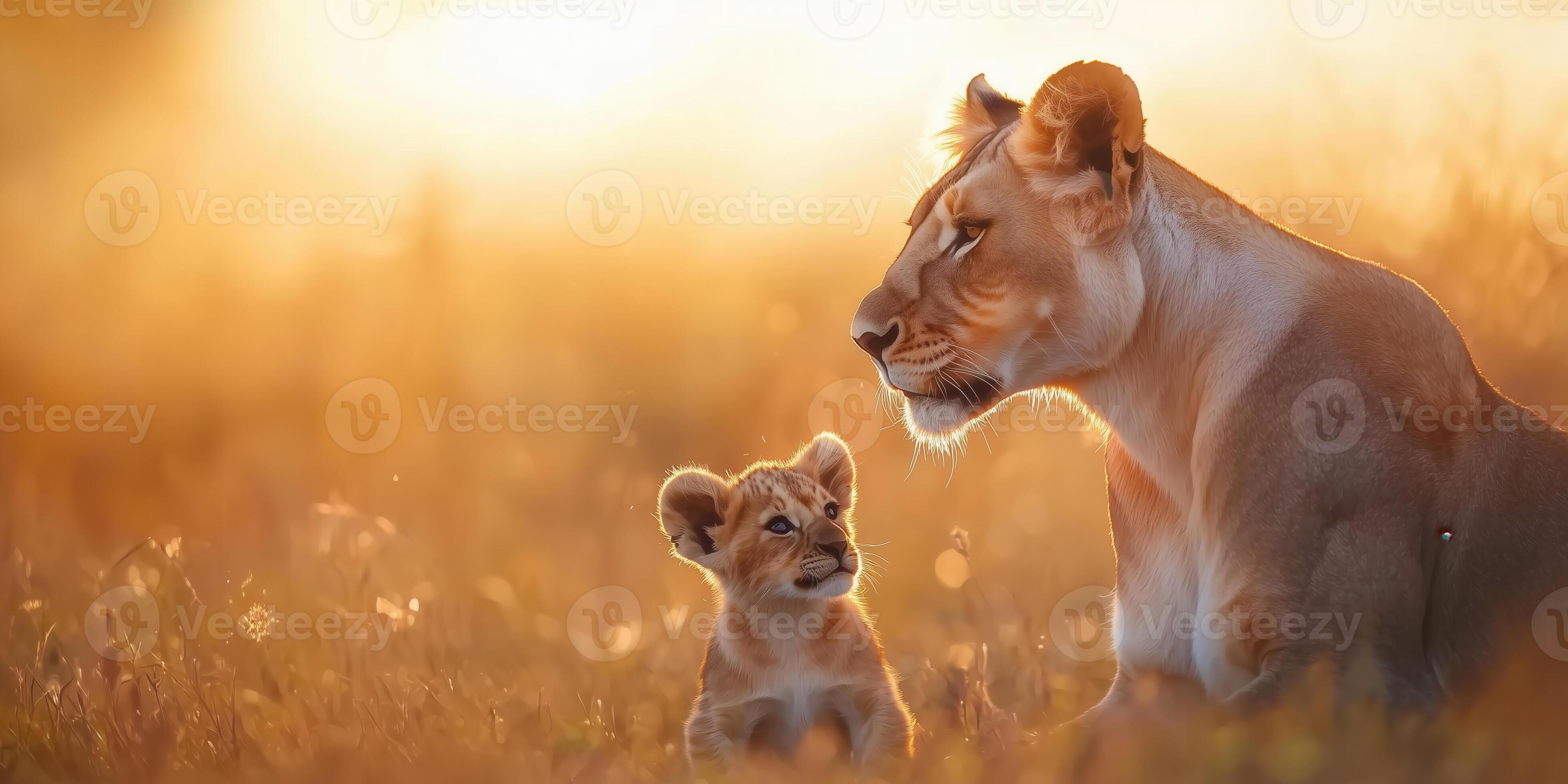 3920x1960 lioness nuzzling her playful cub under golden sun, showcasing warmth and affection