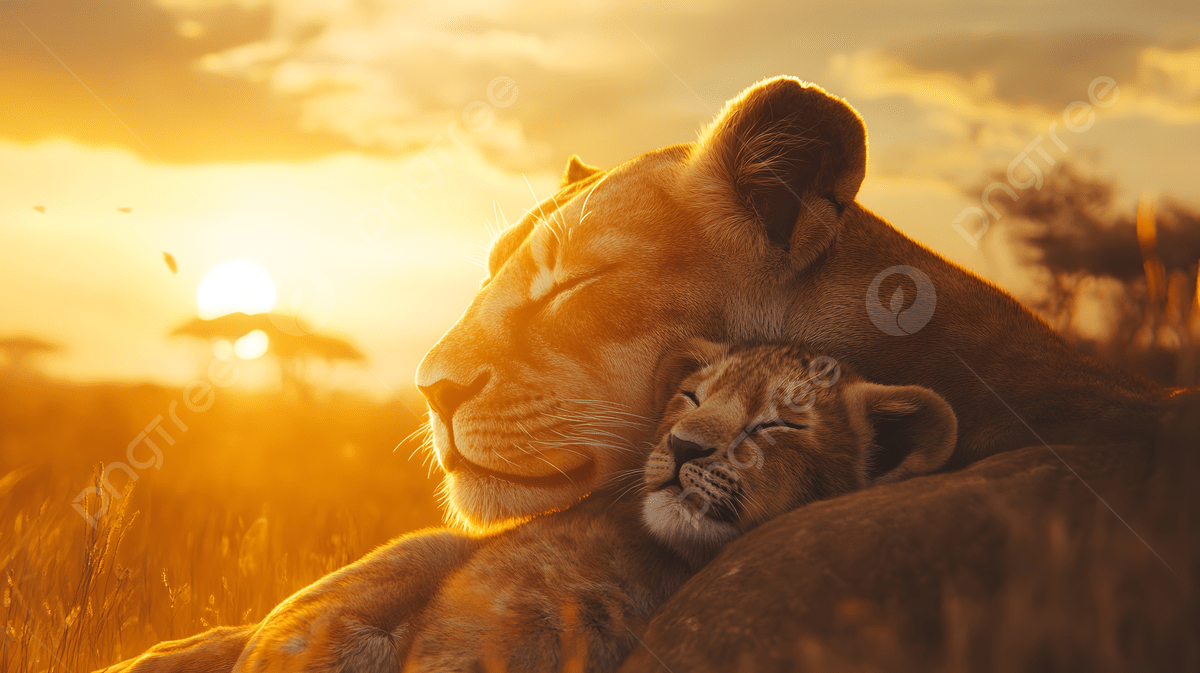 1200x673 A Lioness And Her Cub Resting Together At Sunset In The Savannah Photo And Picture For Free Download
