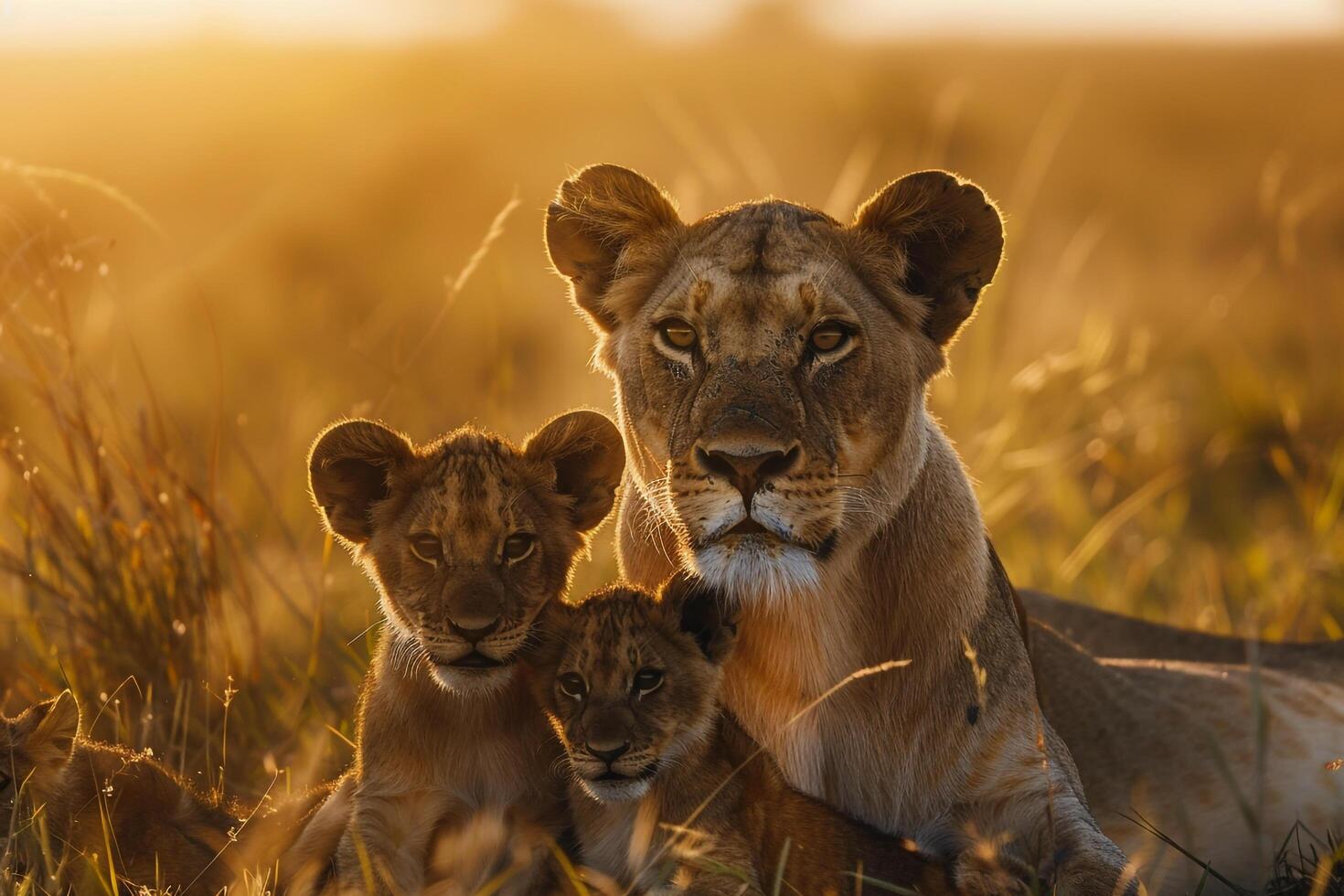 1470x980 Lioness and Her Cubs Basking in Morning Sunlight on Grassy Plain Background in Nature