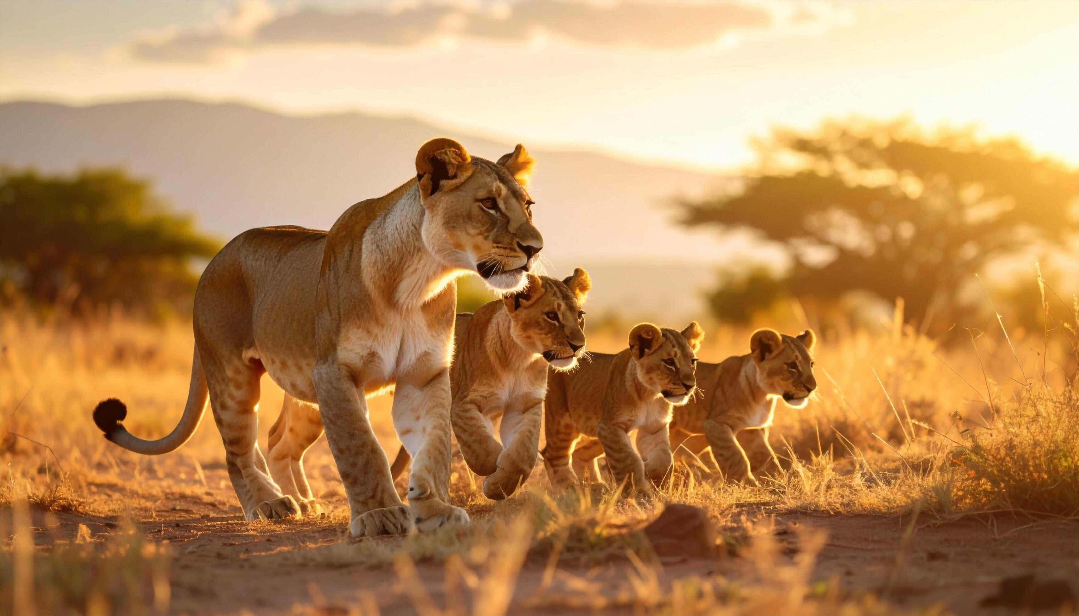 3430x1960 Majestic lioness and her family of cubs walking together through Africa savanna at sunset. This beautiful wildlife image captures moment of protective guidance and alertness