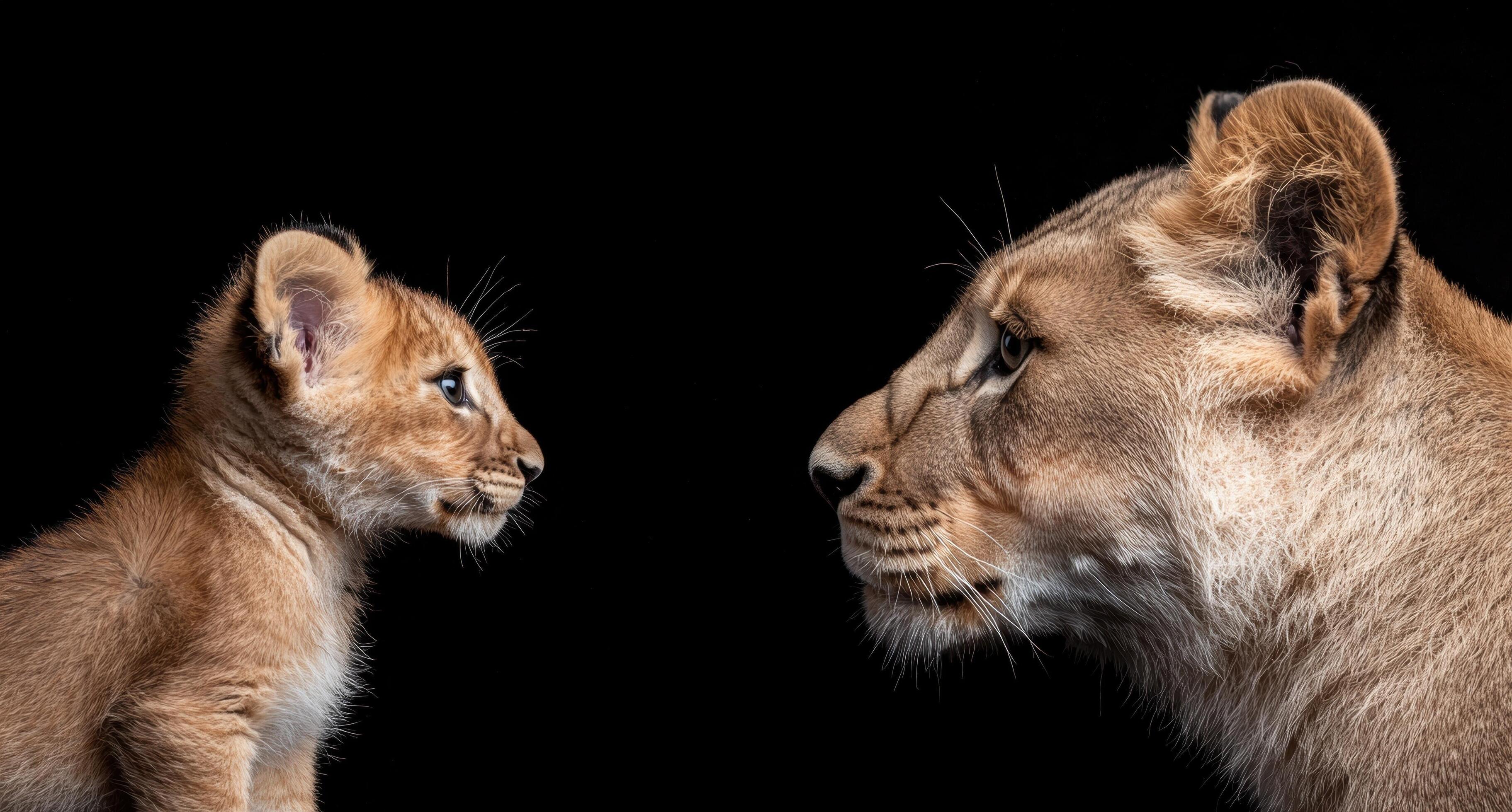 3646x1960 Lion cub and lioness face each other on a black background
