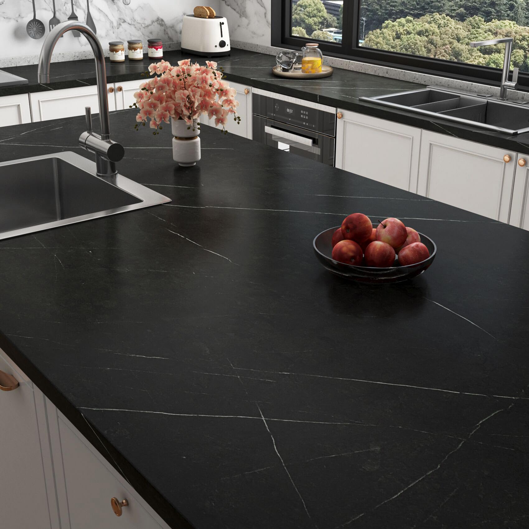 1700x1700 Stickyart Pietra Black Marble Contact Paper for Countertops 24x160 Matte Black Marble Countertop Contact Paper Waterproof Marble Wallpaper for Kitchen Bathroom Cabinets Removable Renter Friendly : Tools & Home Improvement