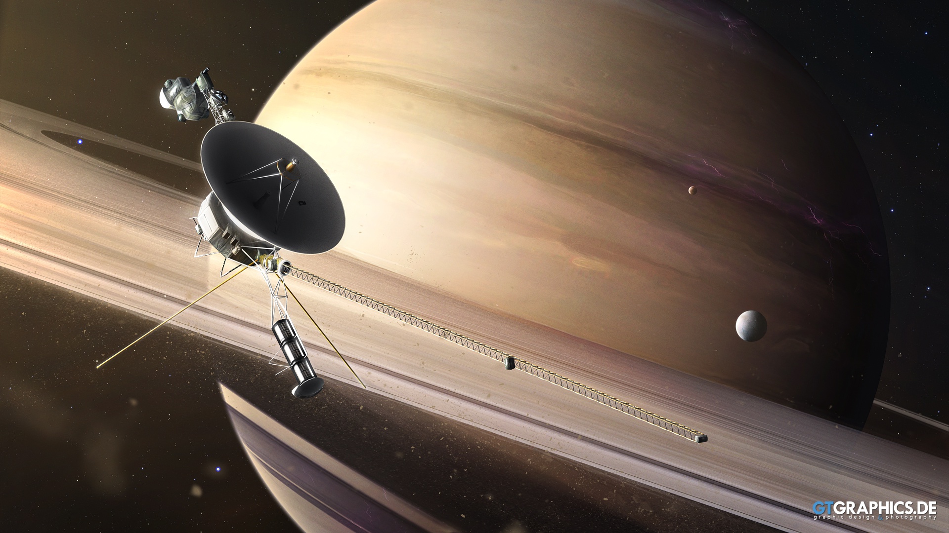 1920x1080 Wallpaper space, stars, planet, satellite, Saturn, ring, Saturn Fly for mobile and desktop, section фантастика, resolution 1920x1080