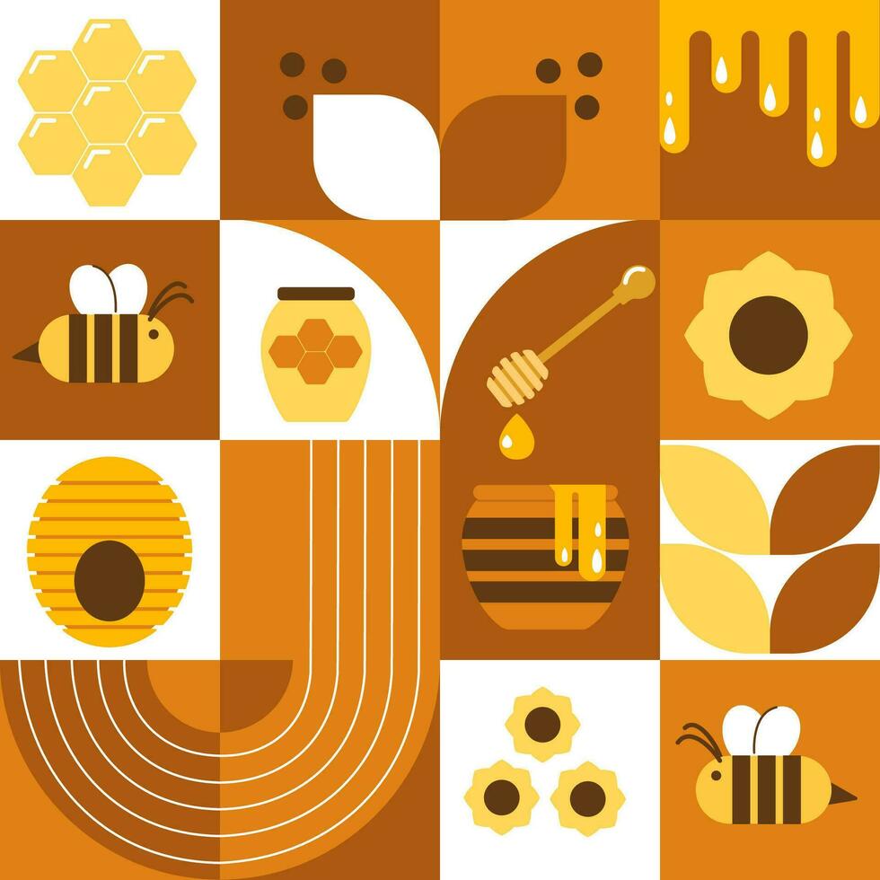 980x980 Vector seamless pattern with bees, honey, honeycombs, hive, flowers. Modern abstract Background. Bauhaus style style. Vector illustration of geometric shapes