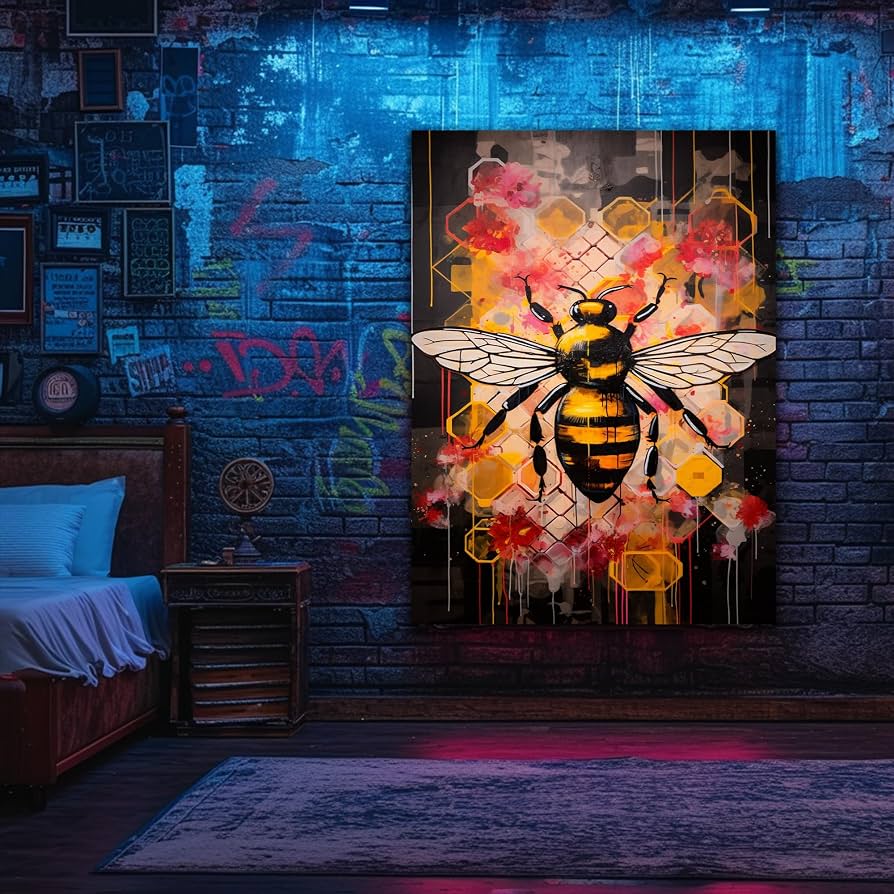 894x894 ANRUOXI Bumblebee Graffiti Wall Art, Abstract Honey Bee Art Canvas, Modern Urban Street Pop Artwork for Home, Cute Bee Bedroom Wall Decor, Honeybee Poster 32 Wx48 H: Posters & Prints