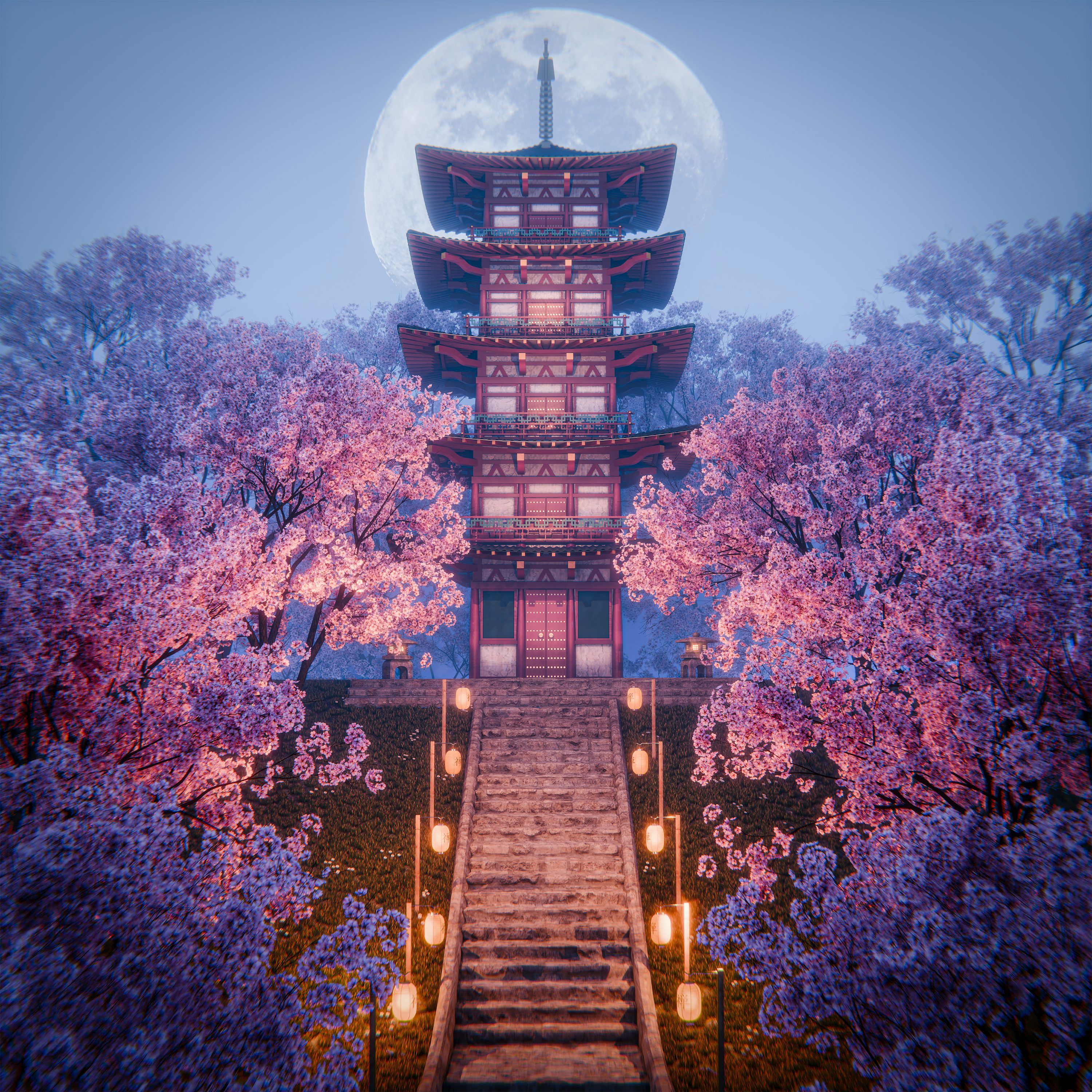3000x3000 Pagoda surrounded by cherry blossoms under a full moon photo