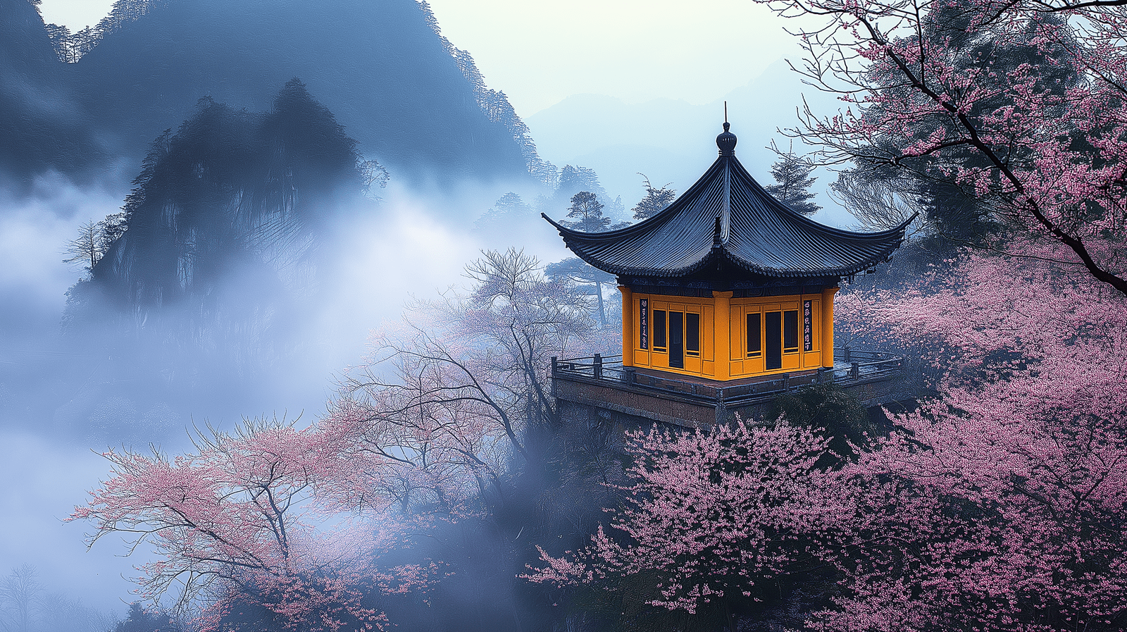 1600x897 Mural Wallpaper Asian Temple. A Misty Landscape With Cherry Blossoms And A Golden Temple