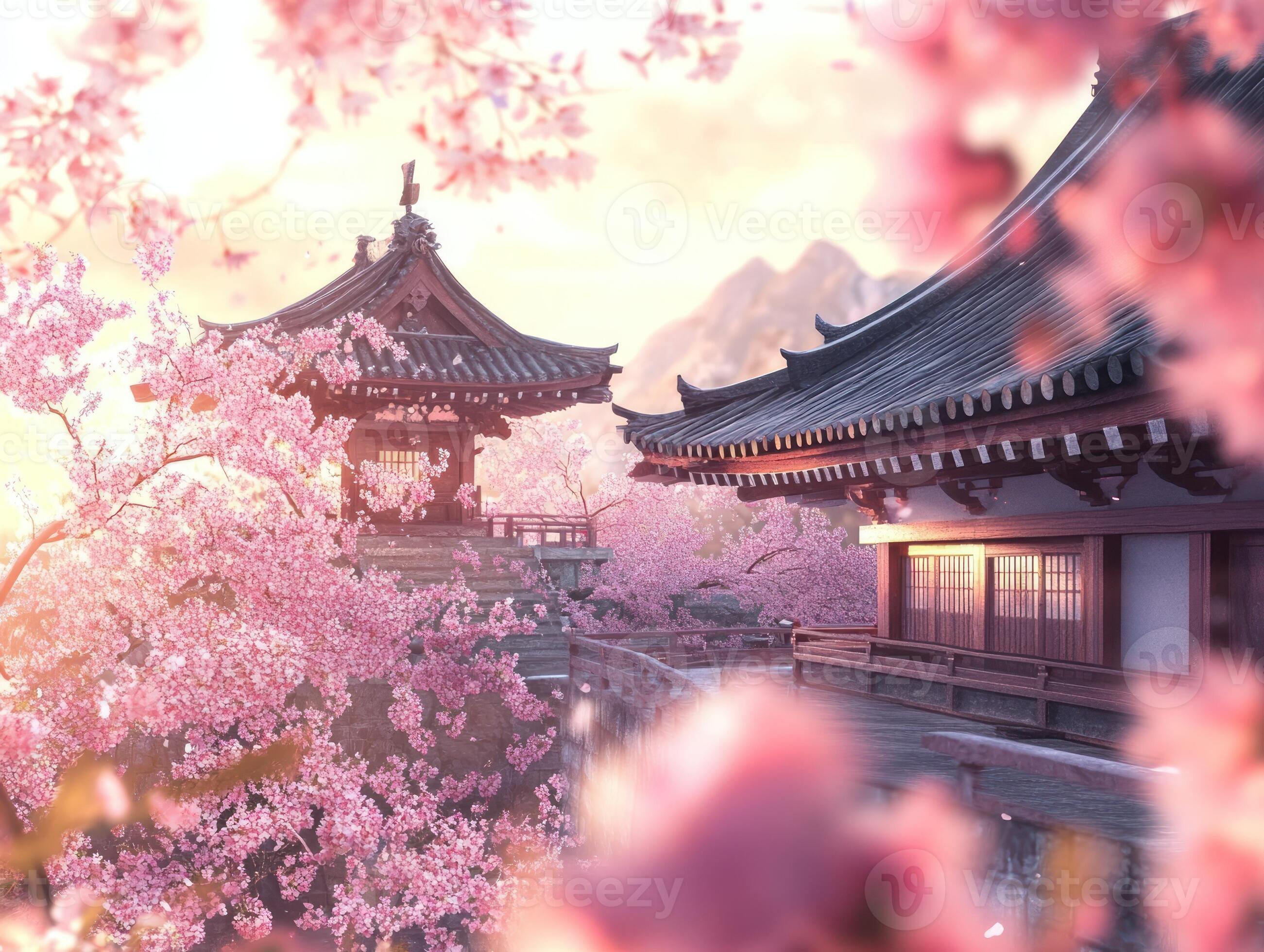 2602x1960 Serene view of traditional Japanese temple amid cherry blossoms at sunrise