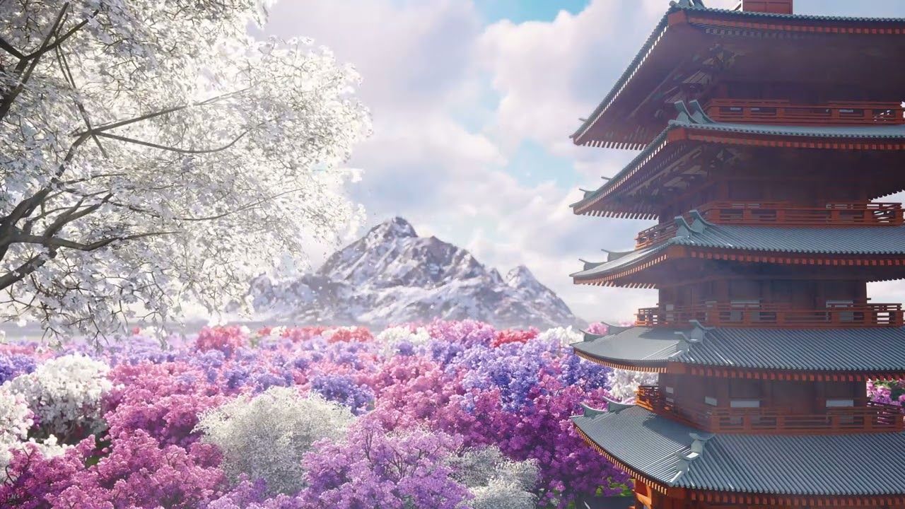 1280x720 Blooming Sakura Trees Near Japanese Temple Screensaver 4K