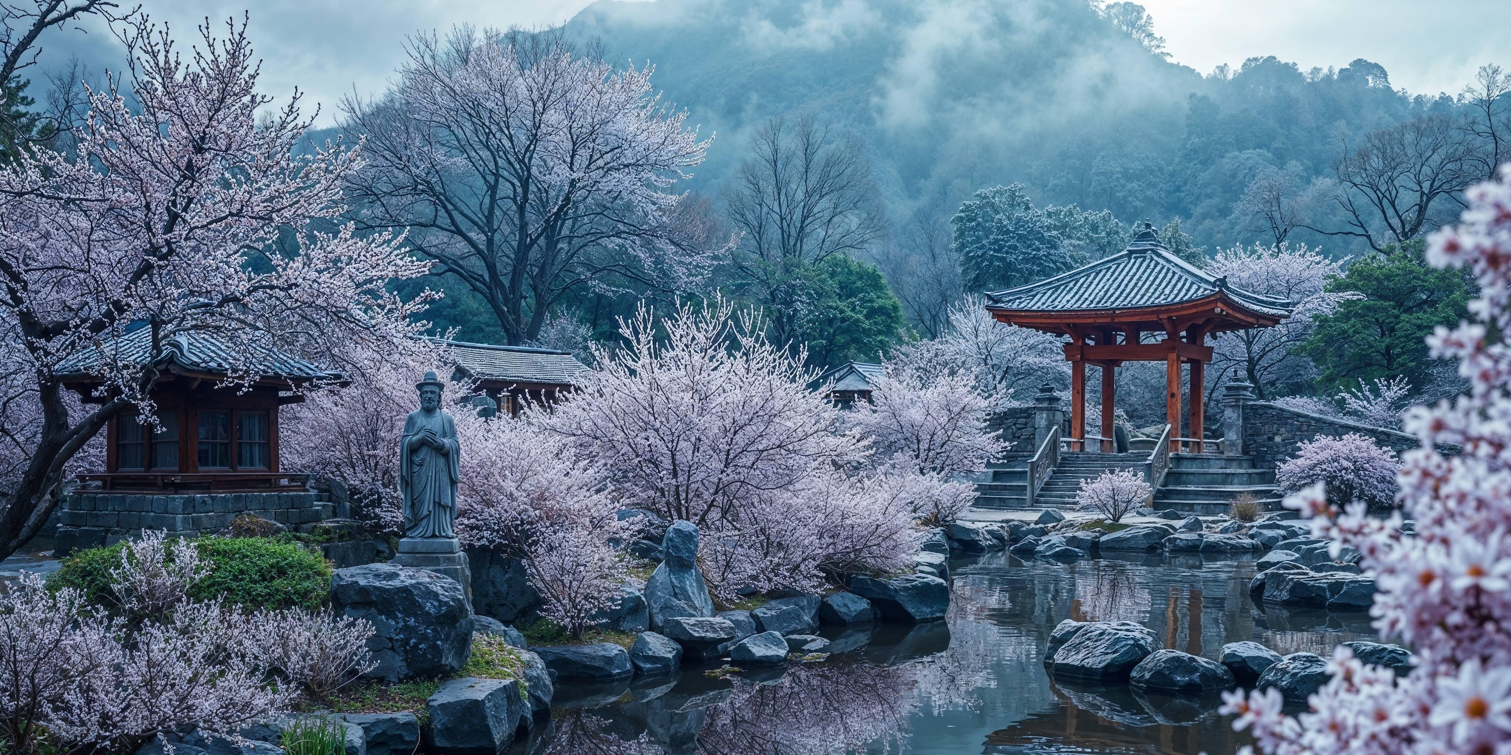 3000x1500 Japanese Temple With White Pink Cherry Blossoms Best 4K Desktop Wallpaper Backdrops And 8K Background 12k High Resolution HD Of 2025 For Apple Mac Windows PC Linux Chromebooks
