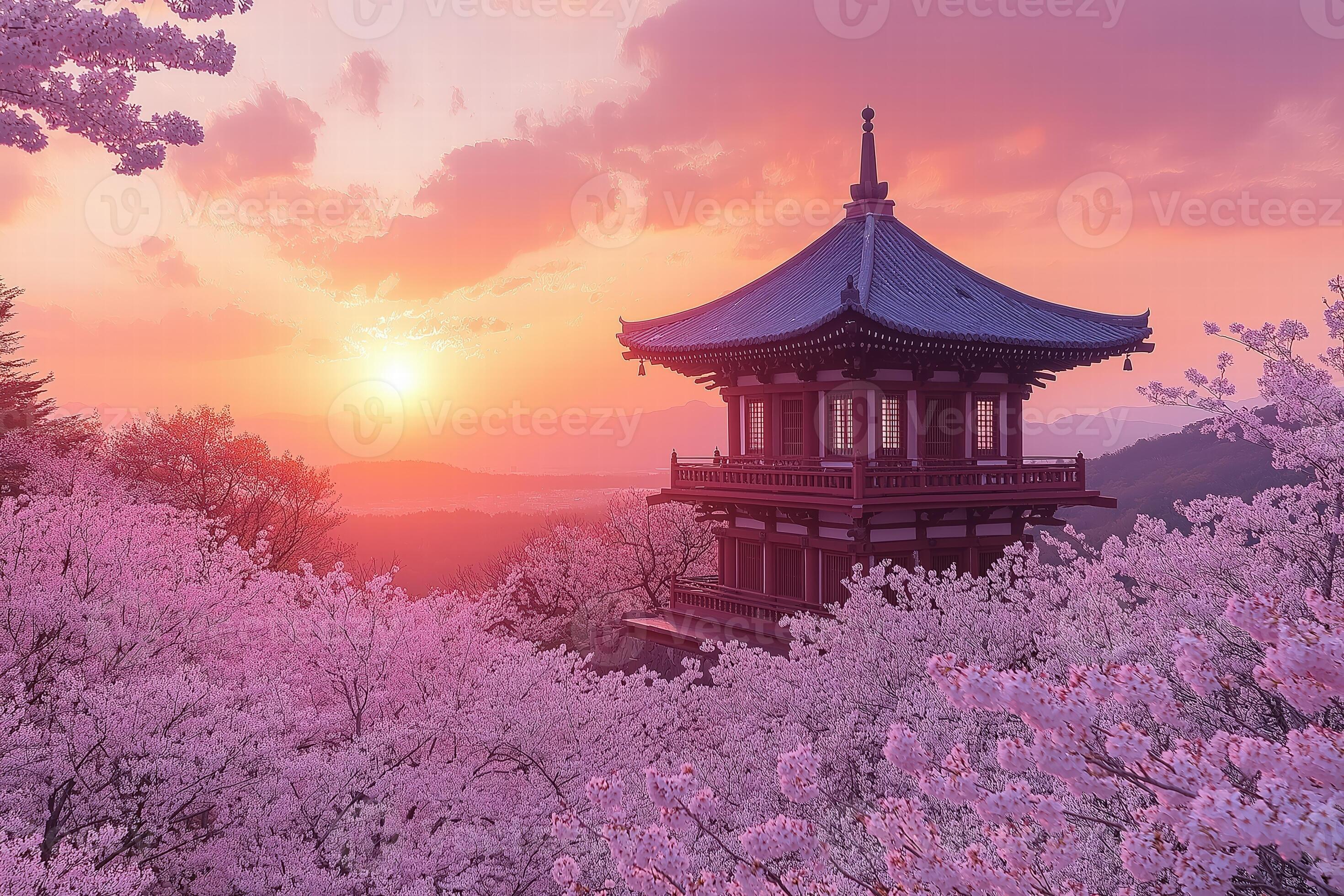 2940x1960 Cherry blossoms bloom beside a beautiful pagoda at sunset in Japan's springtime scenery