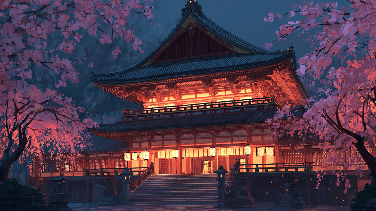 1200x673 A Giant Japanese Temple With Evening Lights Among Cherry Blossoms, Japanese Temple, Giant Temple, Lights Background Image And Wallpaper for Free Download