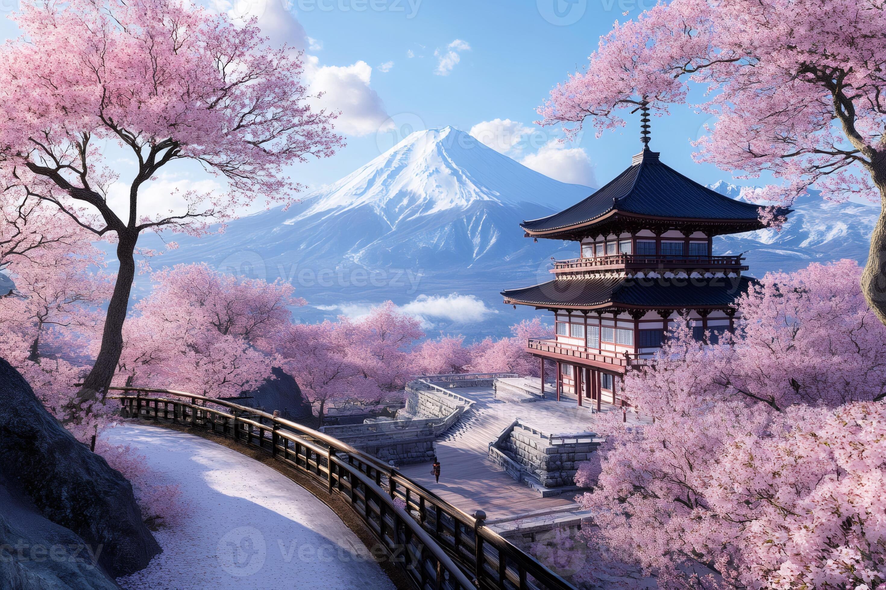2940x1960 Japanese pagoda surrounded by cherry blossoms with Mount in background