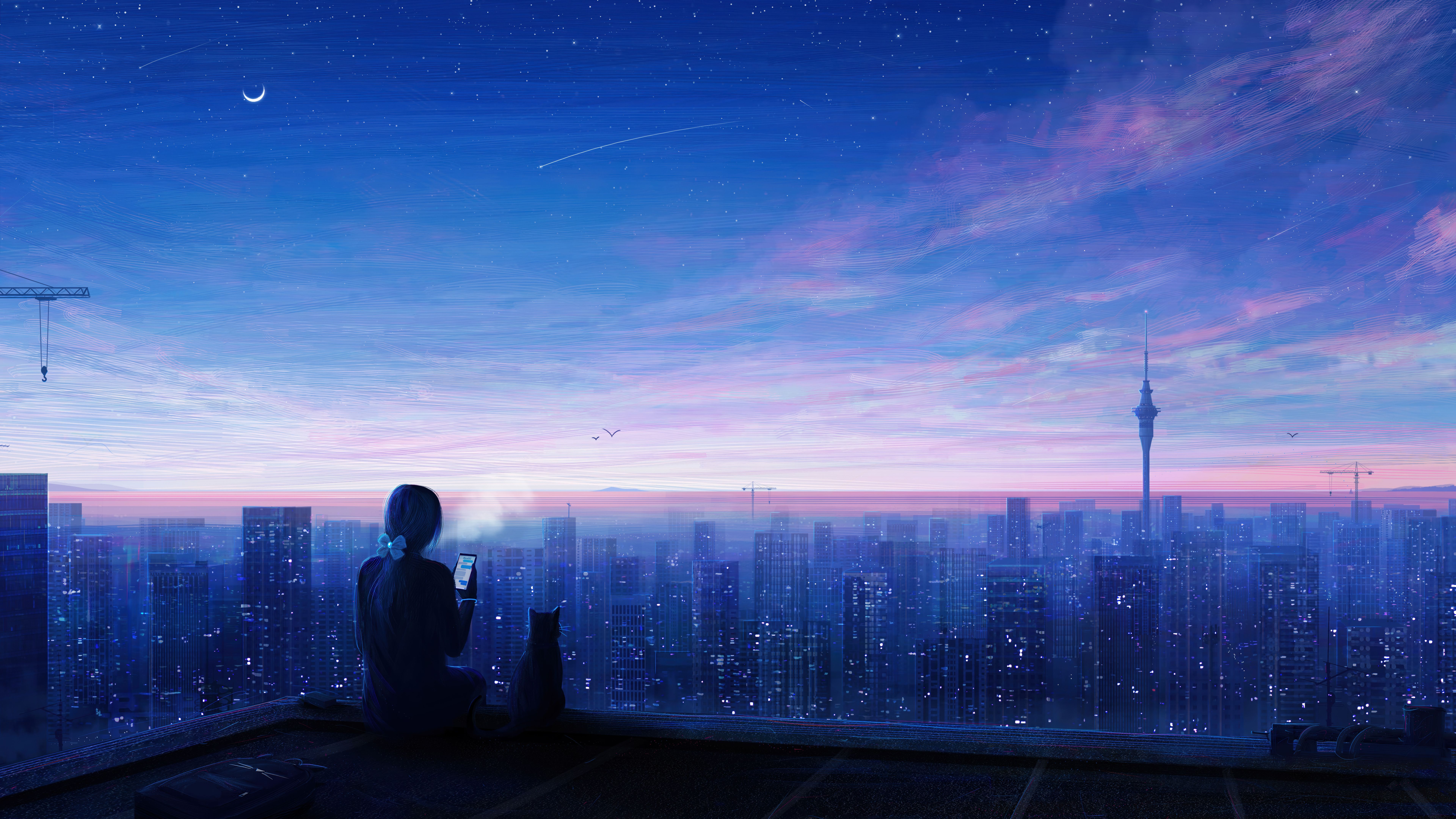 7680x4320 Anime Girl Cat Sunrise City Scenery Wallpaper 4K 8K HD PC b