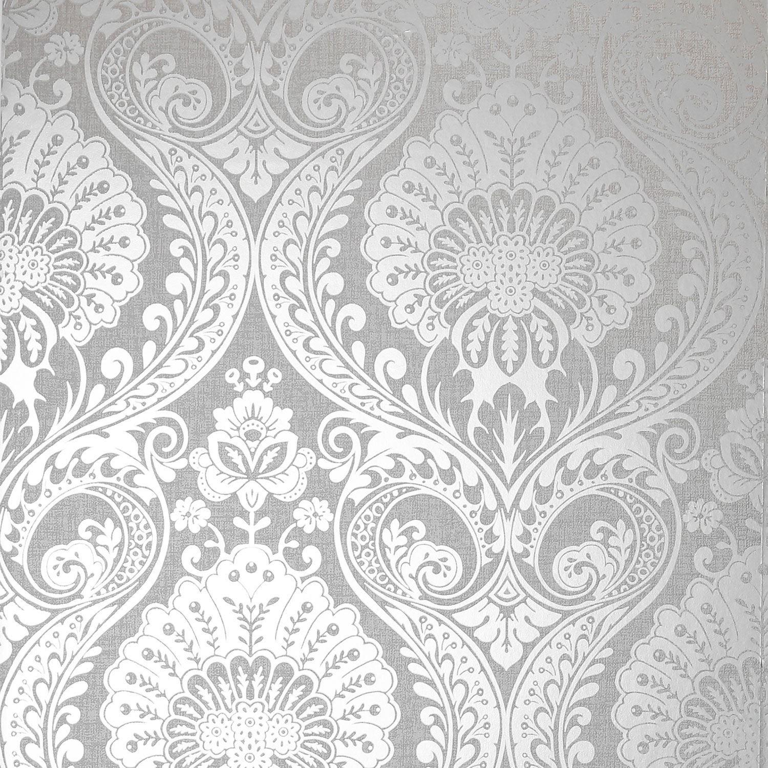 1500x1500 LUXE DAMASK WALLPAPER IN SILVER BY ARTHOUSE METALLIC, FLORAL, TEXTURED
