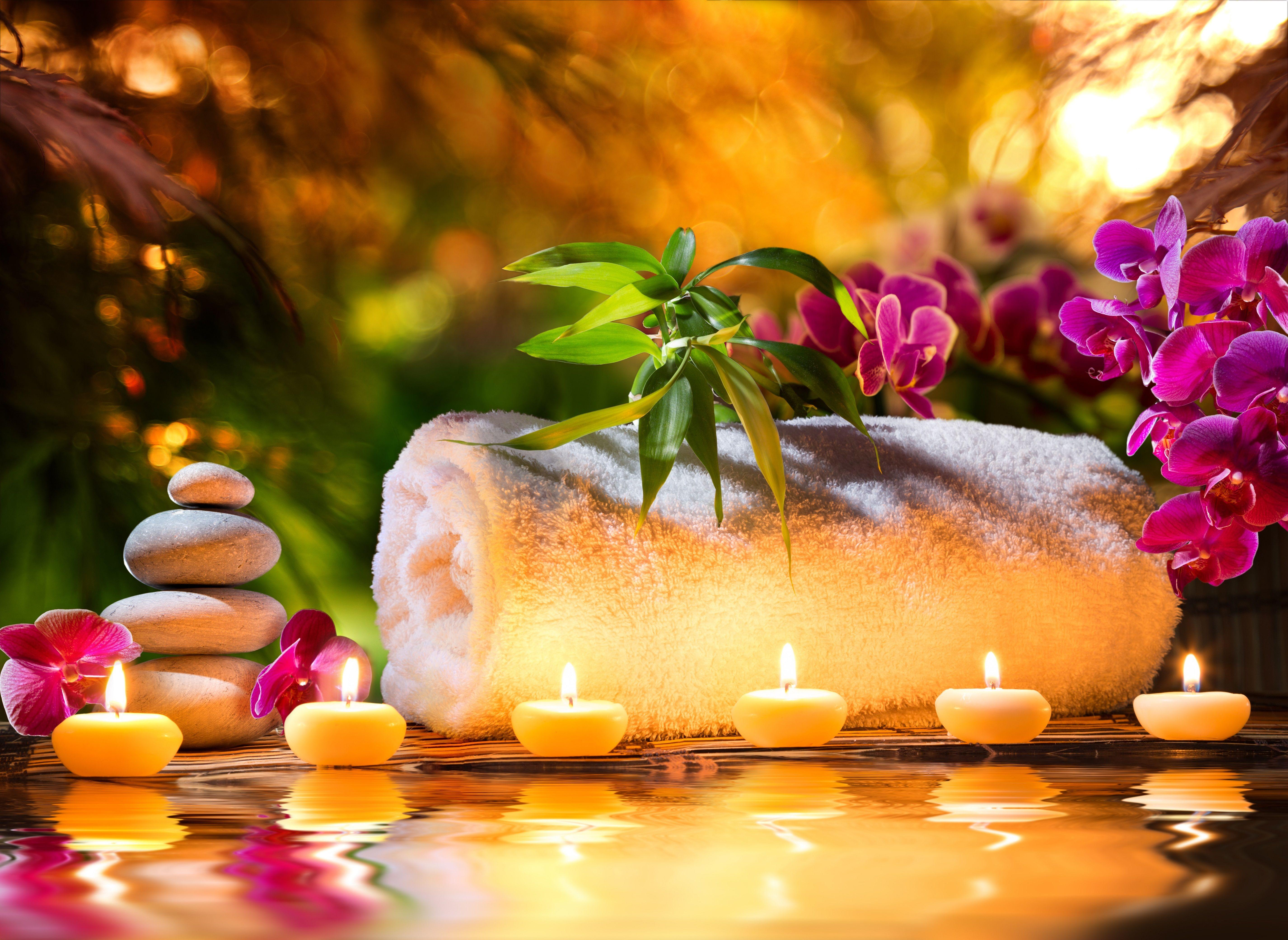 5703x4160 flowers, spa, bokeh, candle, candles, petals wallpaper