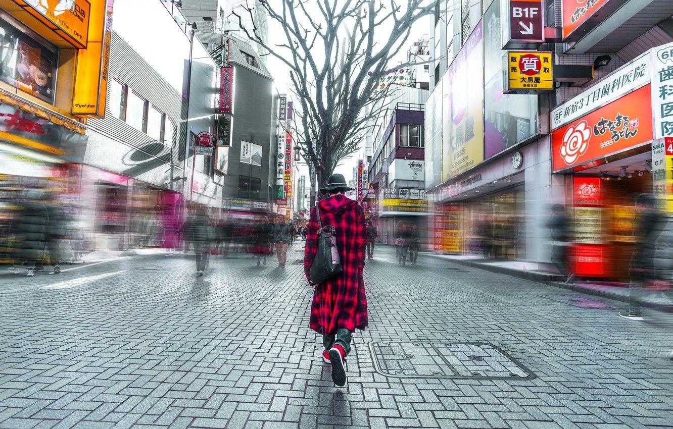 1332x850 Wallpaper city, Girl, Tokyo, Japan, hat, people, blur, coat, miscellaneous, Person, selective focus photography, red and black jacket image for desktop, section разное