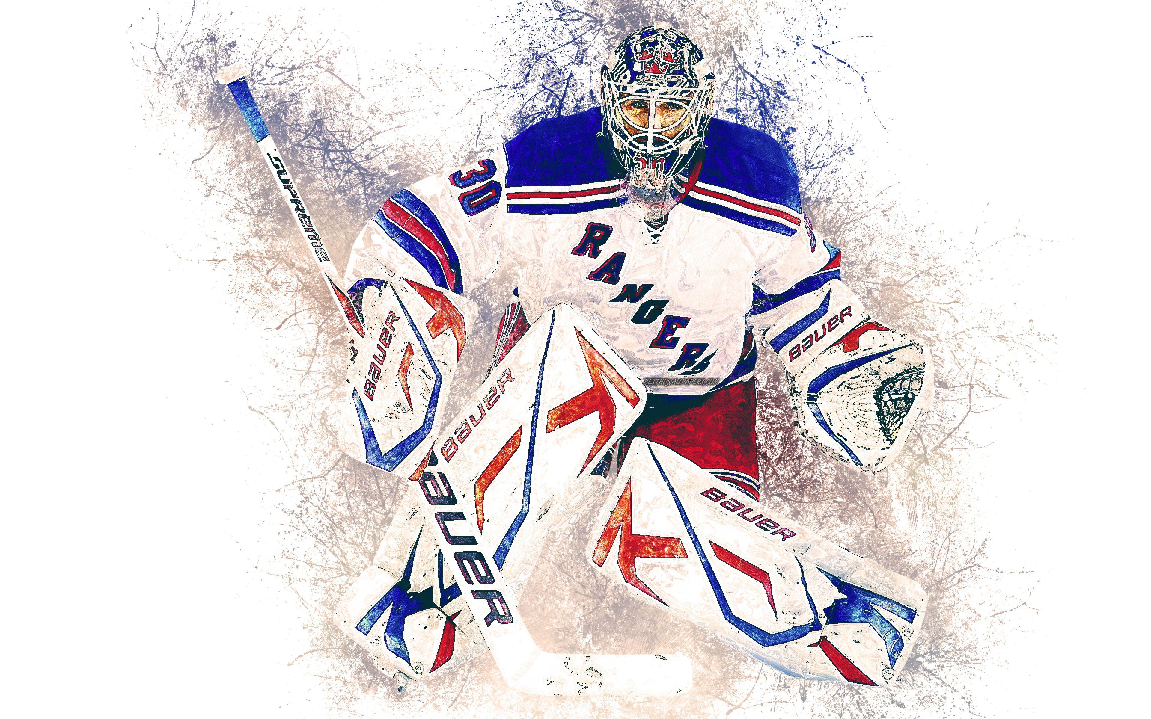 3840x2400 Download wallpaper Henrik Lundqvist, 4k, New York Rangers, Swedish hockey player, grunge art, splashes of paint, white background, goalkeeper, NHL, USA, creative art, hockey for desktop with resolution 3840x2400. High Quality HD