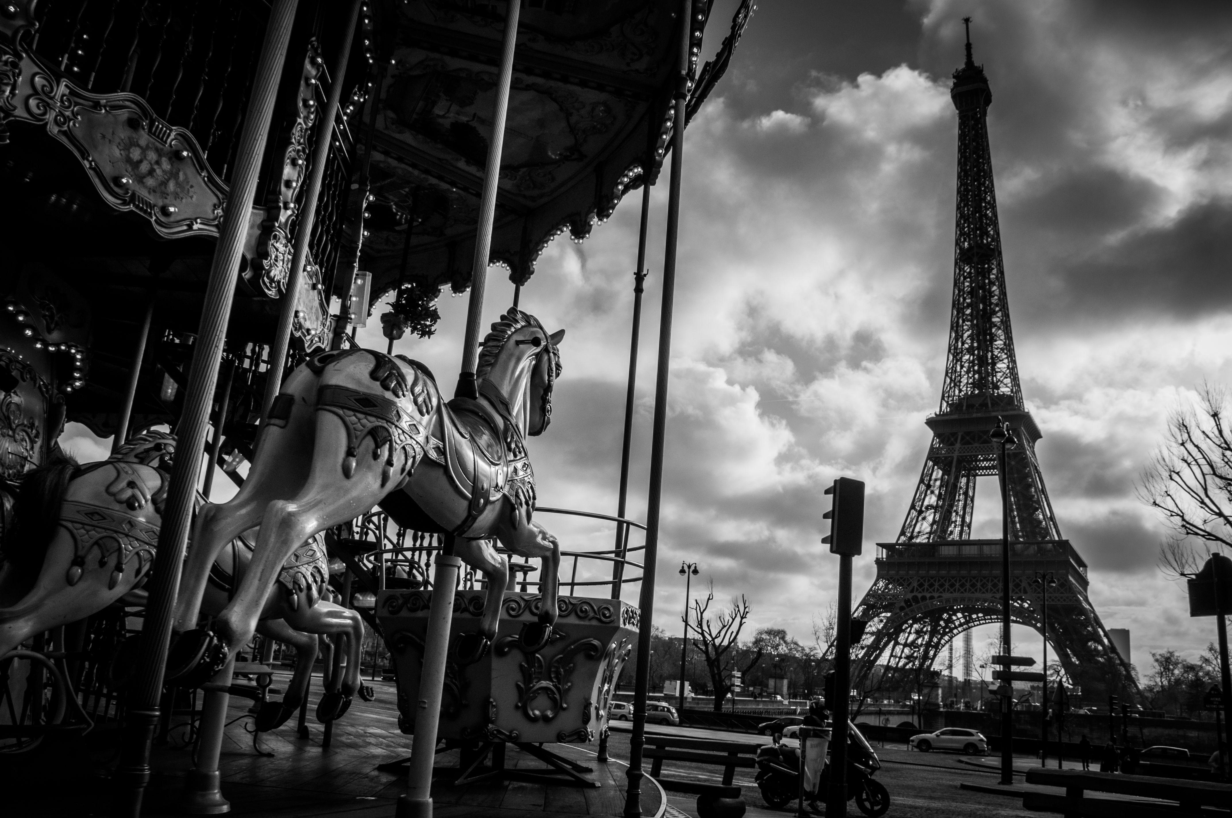 4288x2848 Black Amp White Carousel City Eiffel Tower Europe France Light Metropolis Night Paris Skyline Tower Wallpaper:4288x2848