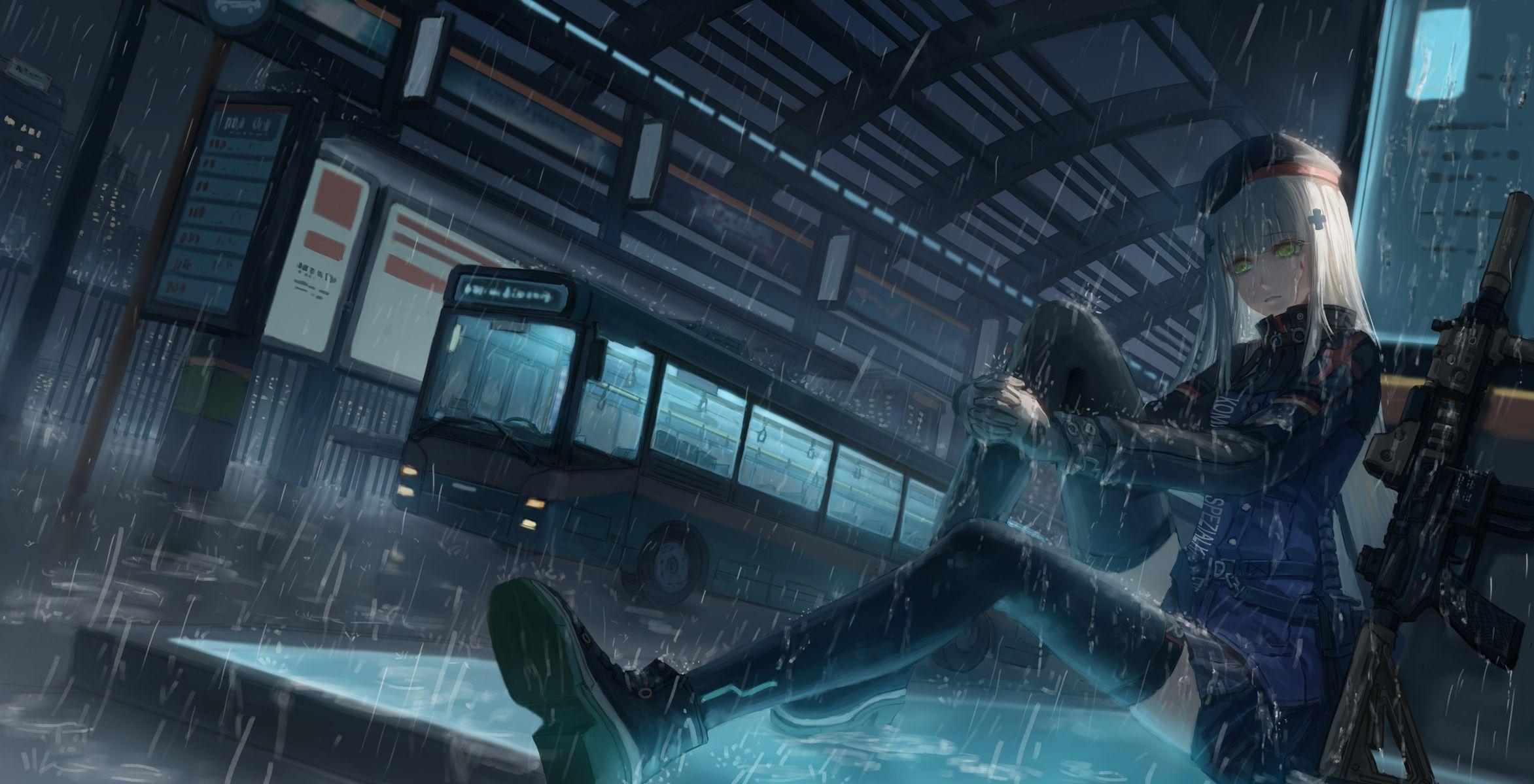 2345x1200 Download 2345x1200 Girls Frontline, Anime Girl, Raining, Scenic, Military Uniform, Sad Scene, Bus Wallpaper