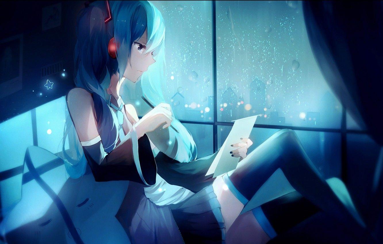 1332x850 Wallpaper girl, night, the city, rain, home, anime, headphones, art, pencil, vocaloid, hatsune miku, lococo image for desktop, section арт