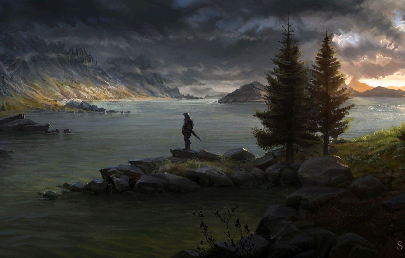1332x850 Wallpaper trees, mountains, river, people, sword, warrior, art, shield, twilight, Skyrim, painted landscape image for desktop, section пейзажи