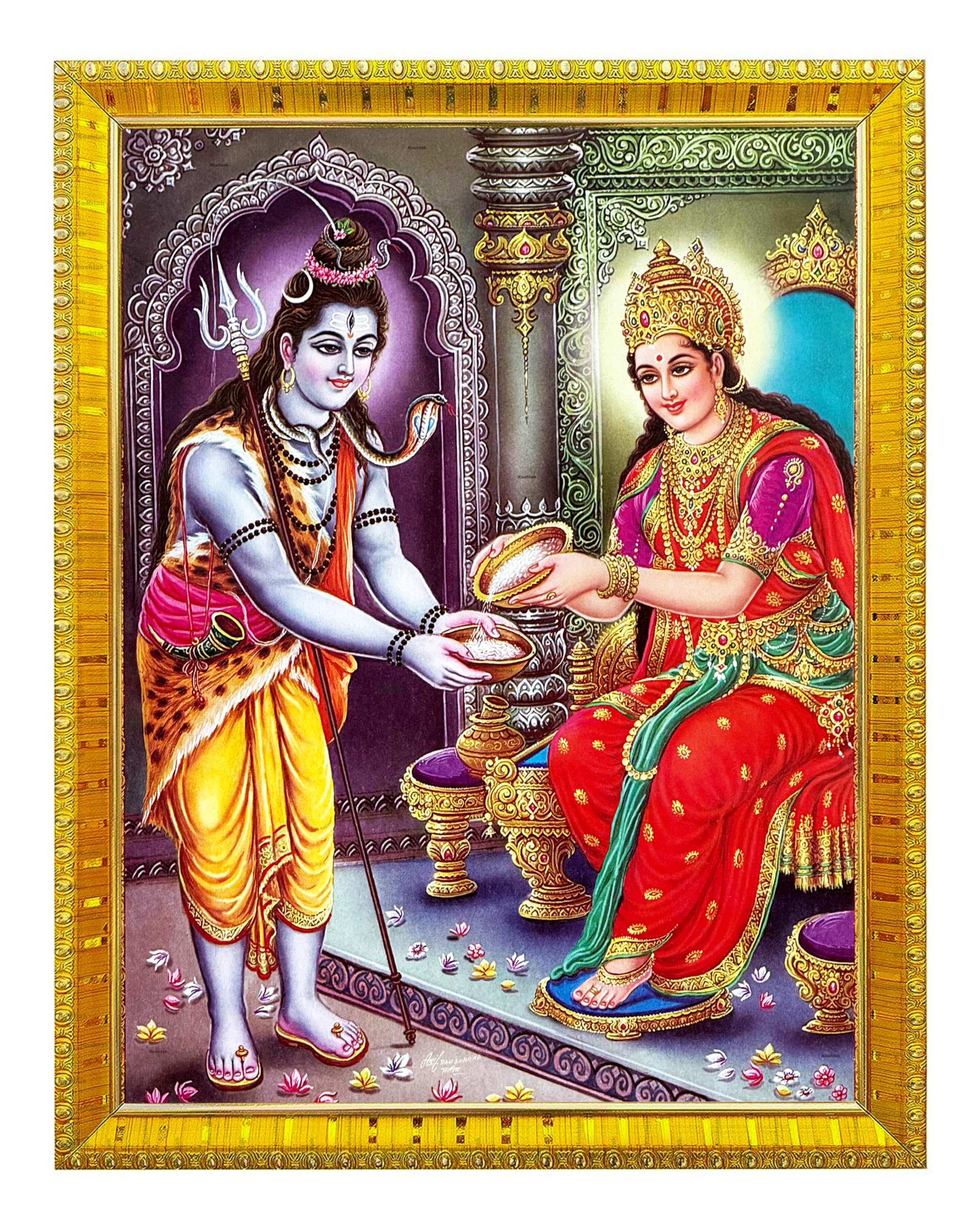 2048x2560 Koshtak Load Shiva & Maa Annapurna Devi Sitting On Throne Photo Frame With Glossy Lamination On Poster With Golden Frame For Puja Room Temple Wall Hanging Gift Home Decor Worship Size 30cm X 23 Cm.: Posters