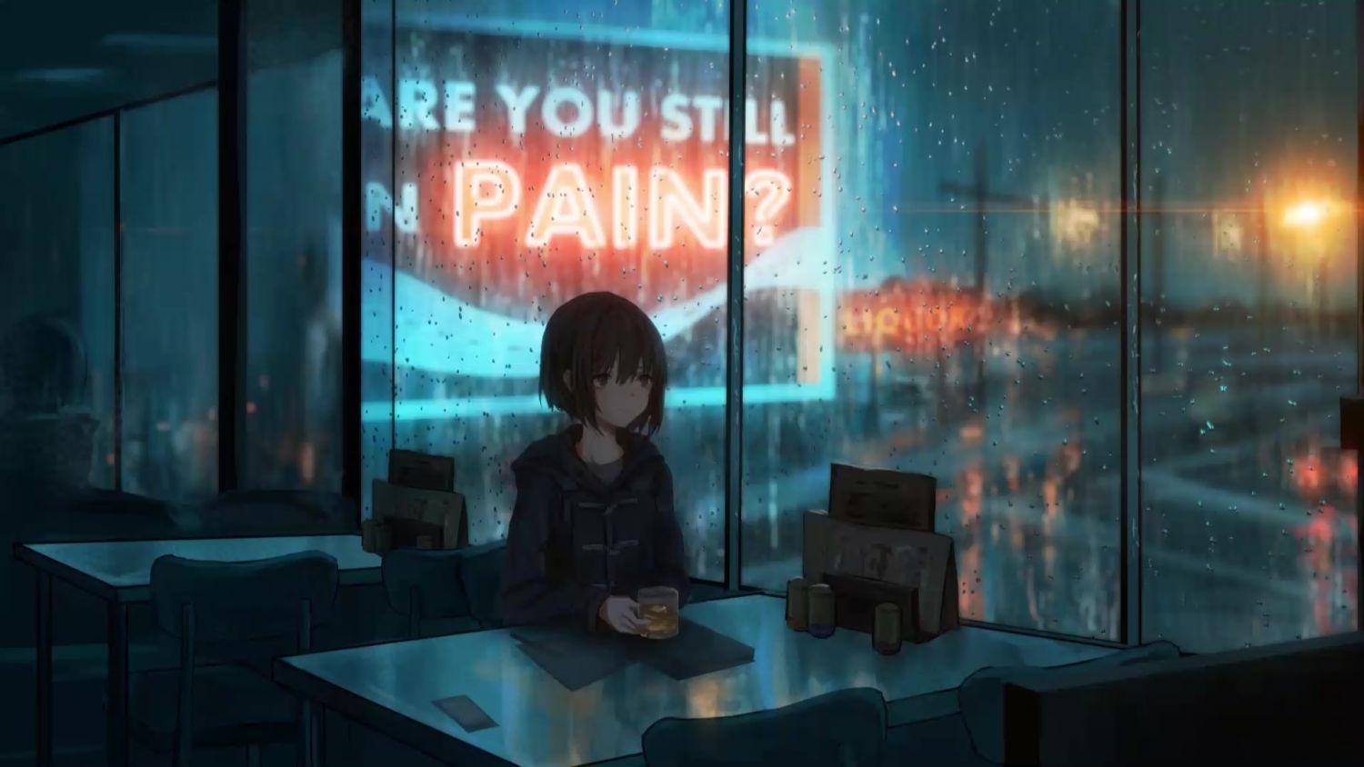 1500x844 Coffeeshop Anime Girl Raining Live Wallpaper