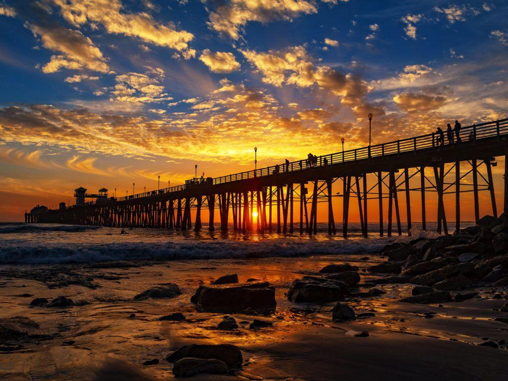 1024x768 Red Sunset At The Oceanside Pier San Diego California United States Of America Desktop Wallpaper HD For Mobile Phones And Laptops 3840x2400 :
