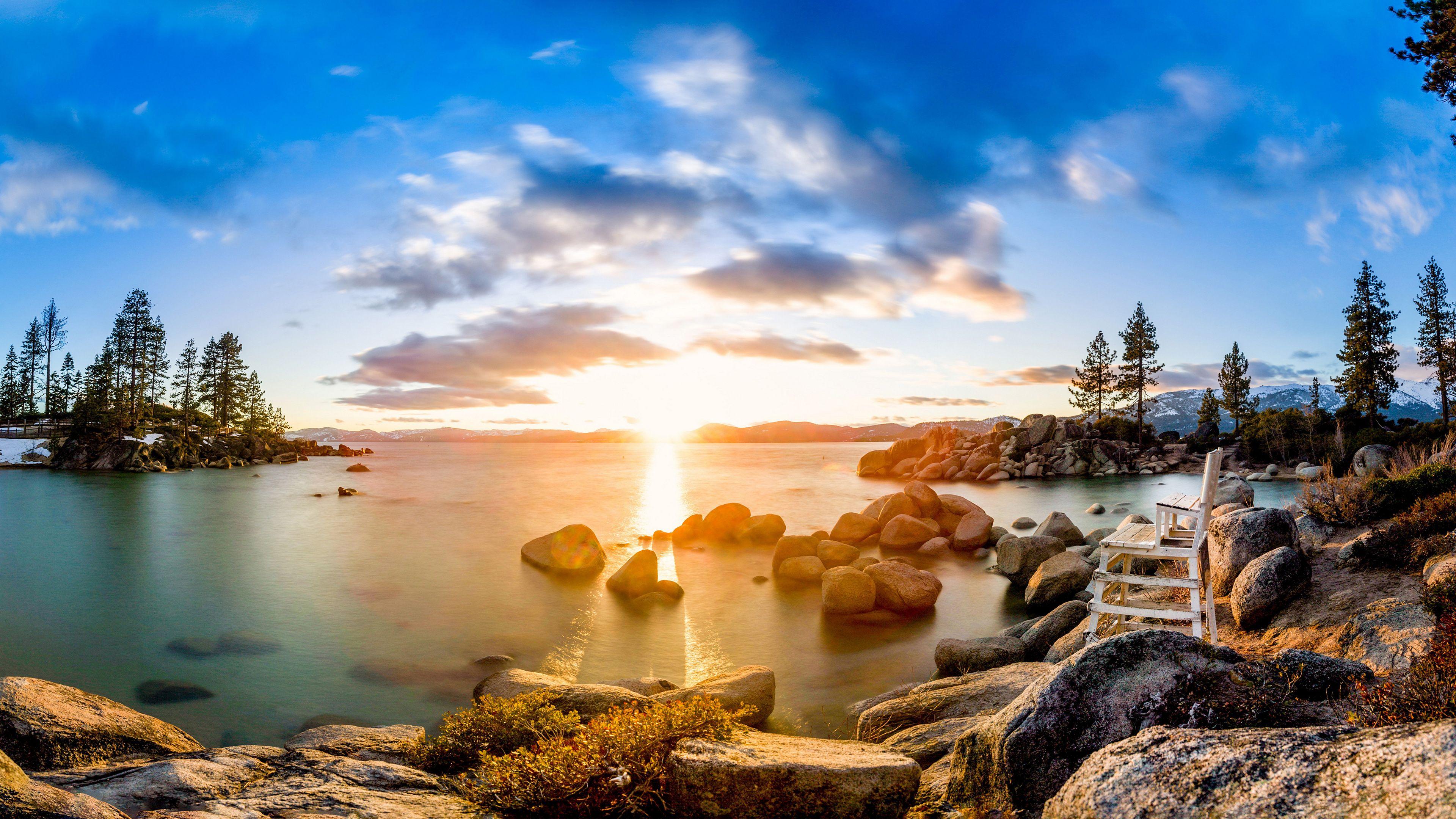 3840x2160 White and Blue Cloudes Under Lake Between Green Trees At Tahoe In United States 4K HD Nature Wallpaper