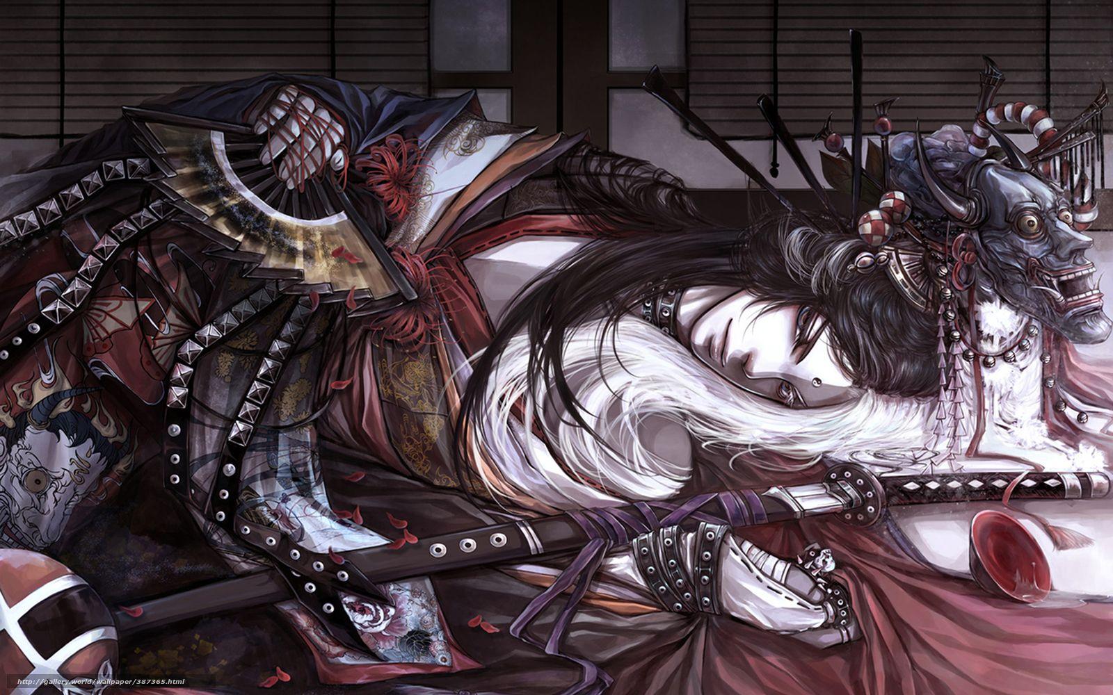 1600x1000 Download wallpaper samurai, mask, fan, Katana free desktop wallpaper